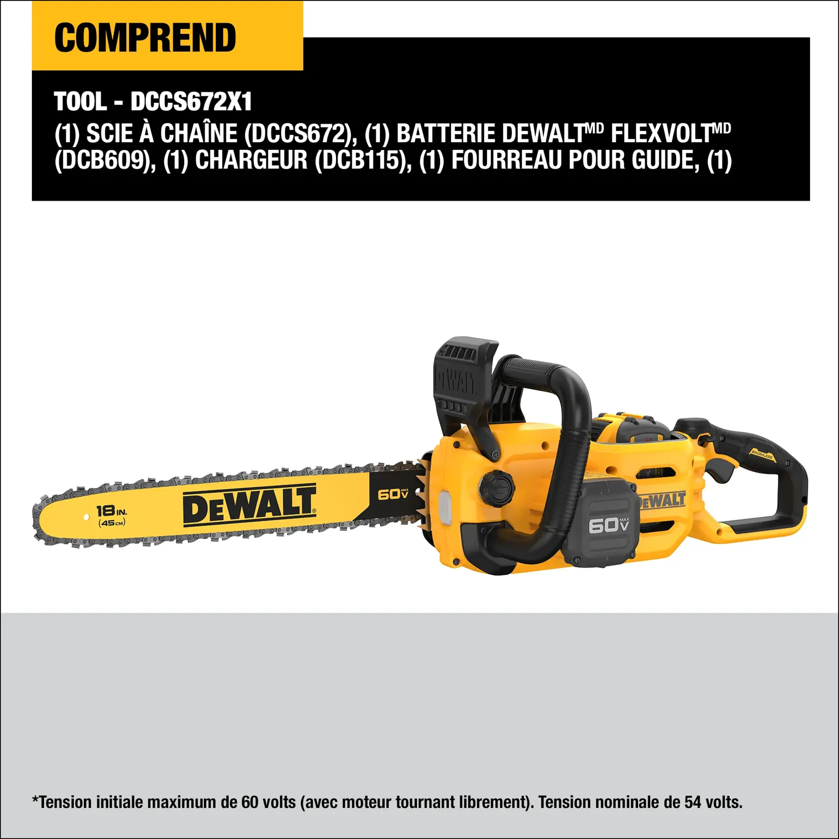A labeled graphic of a DEWALT 60V brushless cordless chainsaw featuring an 18-inch bar and chain, metal bucking spikes, chain brake, 3.0Ah battery for extended runtime, dual retention studs, high efficiency brushless motor, and onboard wrench storage. FLEXVOLT and 60V logos are shown in the corner.
