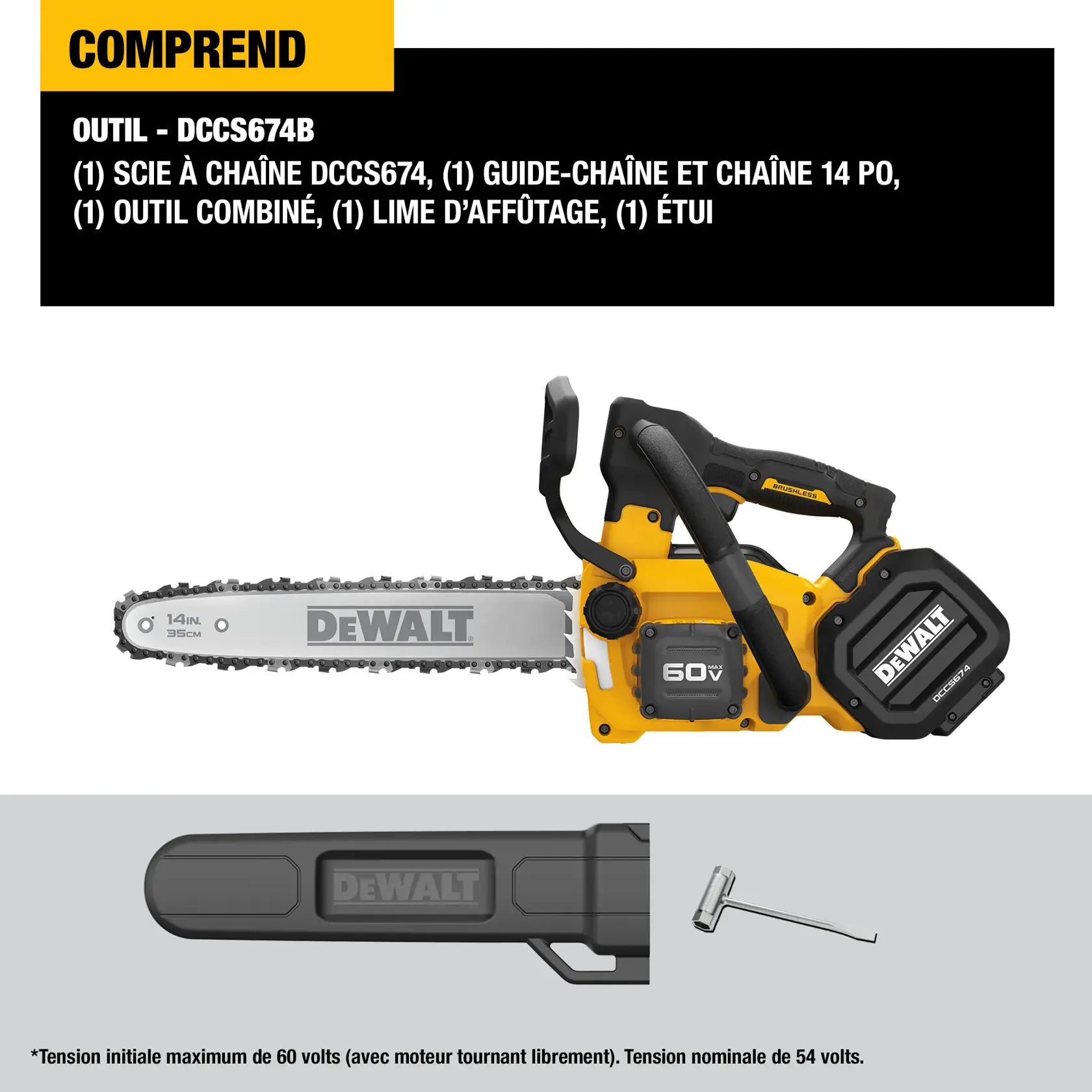 Image showing a DEWALT DCCS674B cordless chainsaw kit. The kit includes a DCCS674 chainsaw with a 14-inch bar and chain, a scrench, a sharpening file, a sheath, and a kit bag. The chainsaw is yellow and black with DEWALT branding, and voltage information is displayed. The image also shows the sheath and scrench tool.