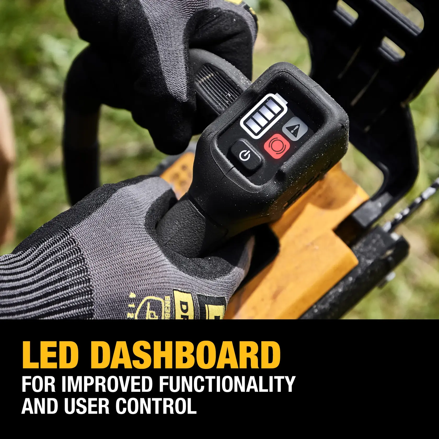 Close-up of a person wearing a glove operating a DEWALT power tool featuring an LED dashboard with power and function buttons, accompanied by text promoting improved functionality and user control.