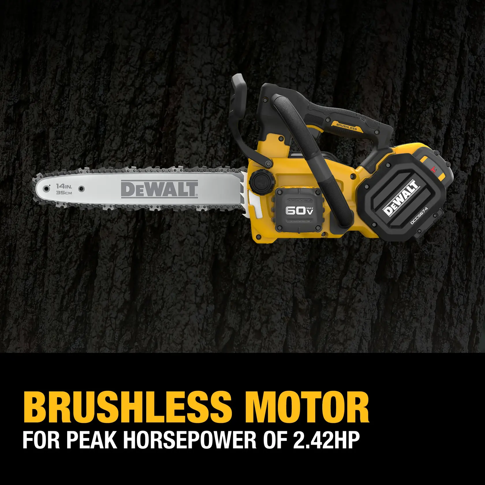 A DEWALT 60V cordless chainsaw with a brushless motor and 14 inch bar, displayed against a tree bark background. Text highlights its peak horsepower of 2.42HP.
