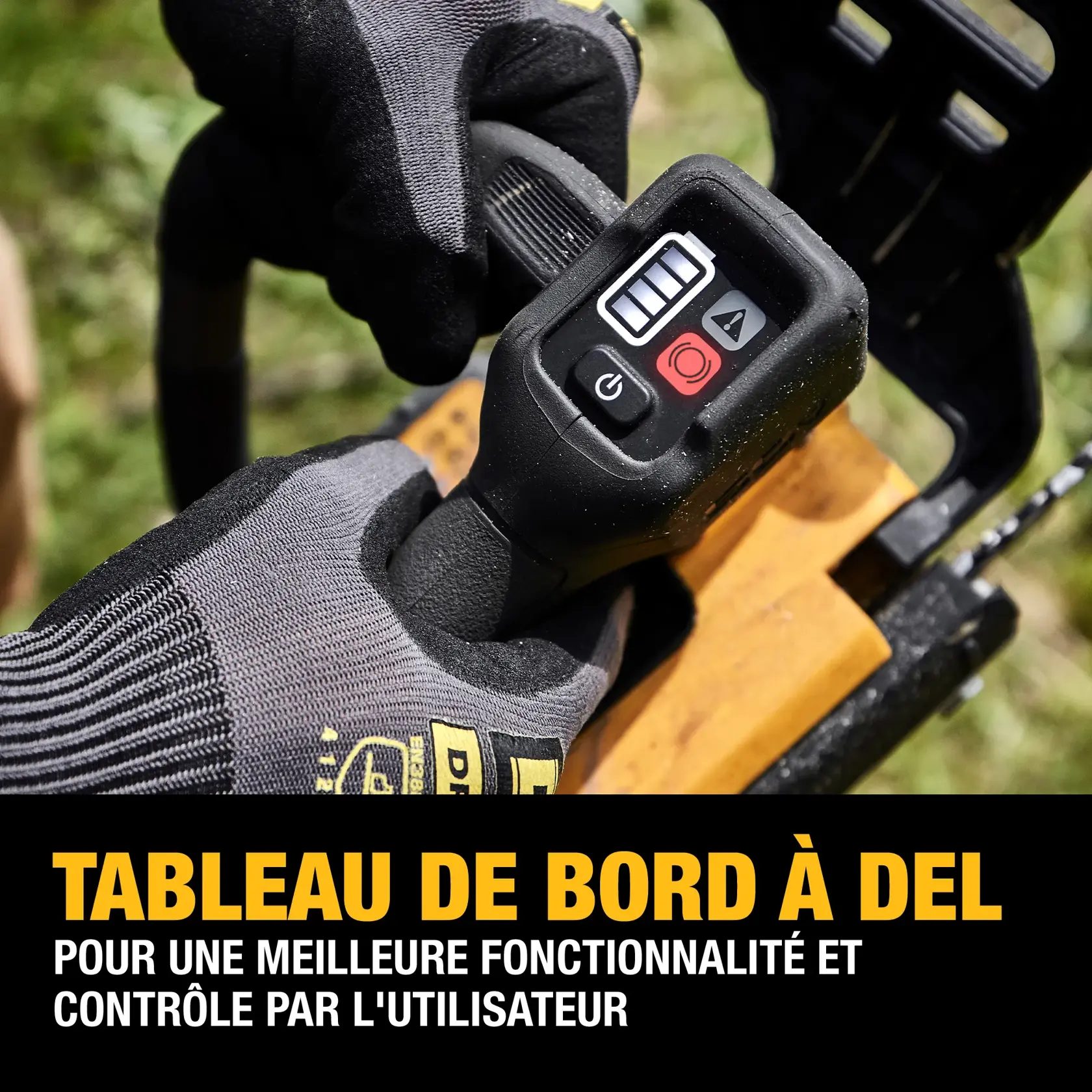 Close-up of a person wearing a glove operating a DEWALT power tool featuring an LED dashboard with power and function buttons, accompanied by text promoting improved functionality and user control.