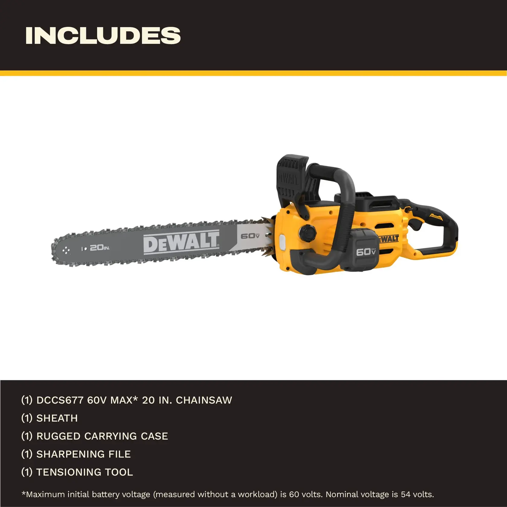DEWALT 60V MAX chainsaw kit with sheath, carrying case, sharpening file, and tensioning tool included.