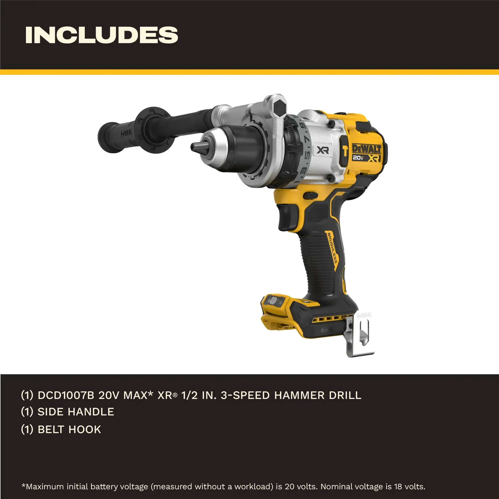 Promotional graphic for the DEWALT DCD1007B hammer drill, displaying the drill above two types of 20V MAX batteries, comparing standard and XR Powerpack capacity. Text reads 'Our most powerful 20V MAX* hammer drill.' Battery is shown as sold separately. Chart visually compares battery power output.