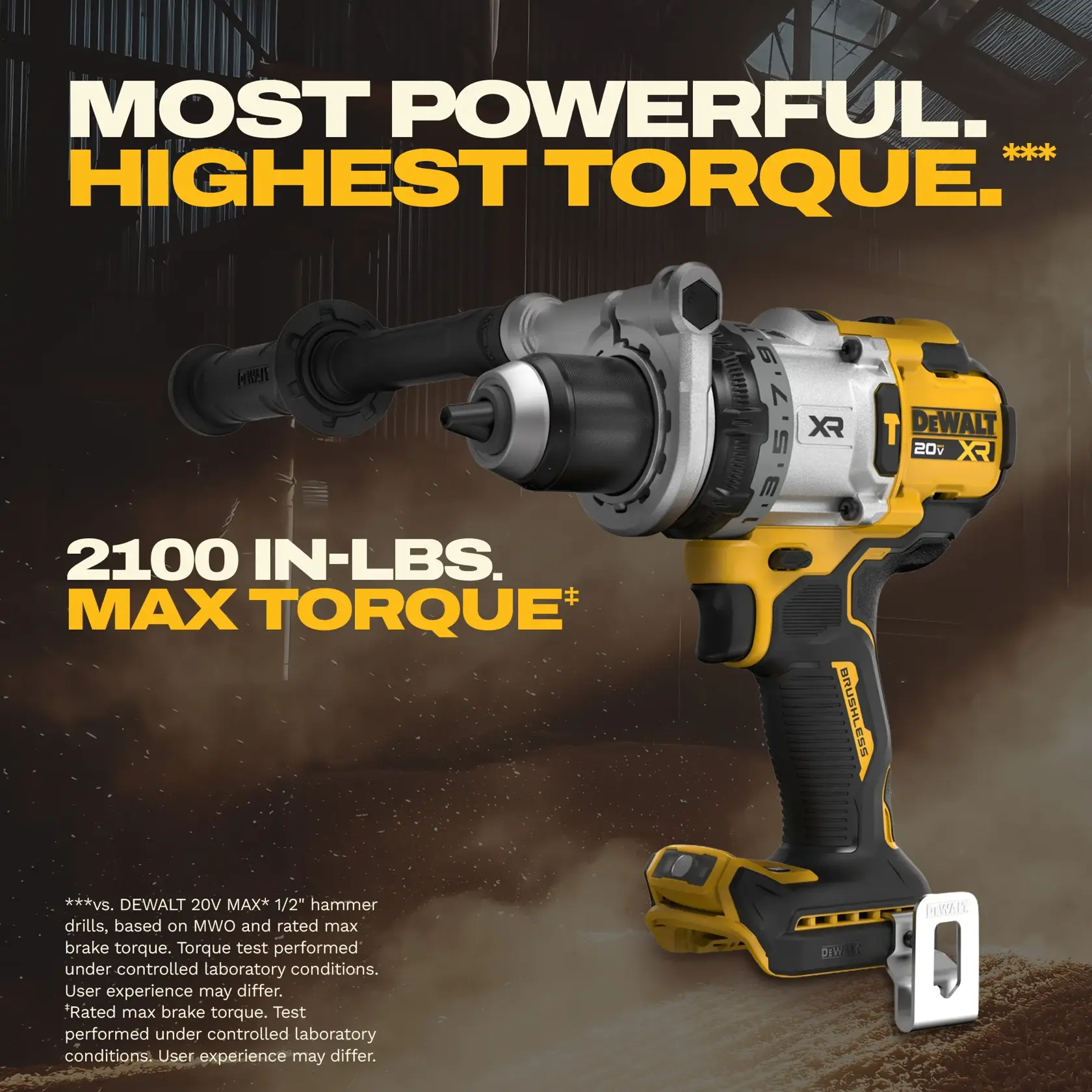 Close-up of a DEWALT power tool showing a lit 'ANTI-ROTATION' indicator. The text describes an anti-rotation system that shuts the tool down if rotational motion is excessive. The image also features a Perform Protect logo.