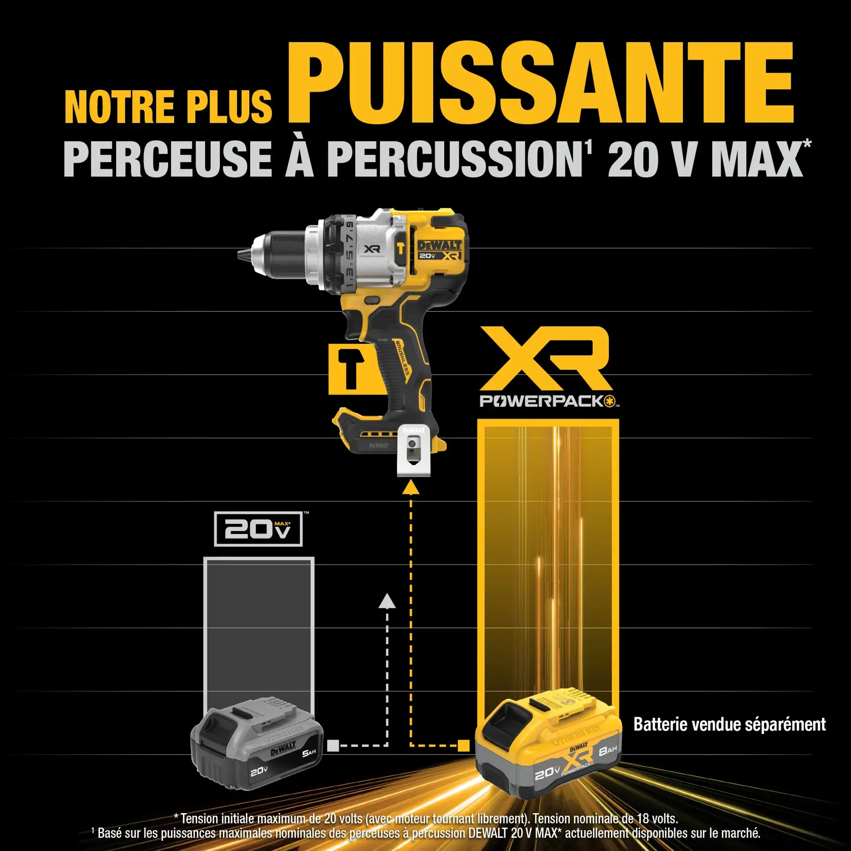 Promotional graphic for the DEWALT DCD1007B hammer drill, displaying the drill above two types of 20V MAX batteries, comparing standard and XR Powerpack capacity. Text reads 'Our most powerful 20V MAX* hammer drill.' Battery is shown as sold separately. Chart visually compares battery power output.