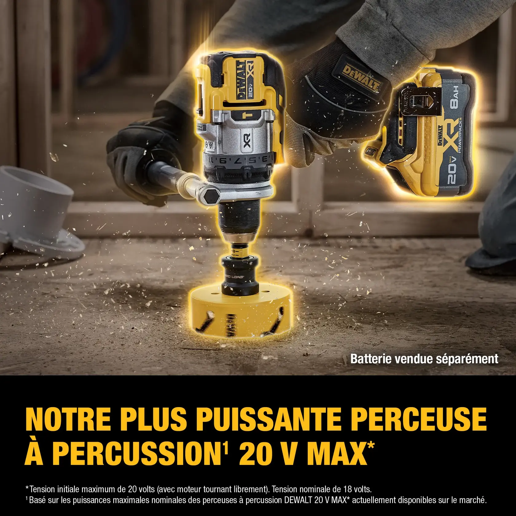 A person using a DEWALT 20V MAX hammer drill with a large yellow hole saw attachment. The drill is highlighted and the image features text promoting it as 'Our most powerful 20V MAX hammer drill'. The drill's battery is shown, and a note states that the battery is sold separately.