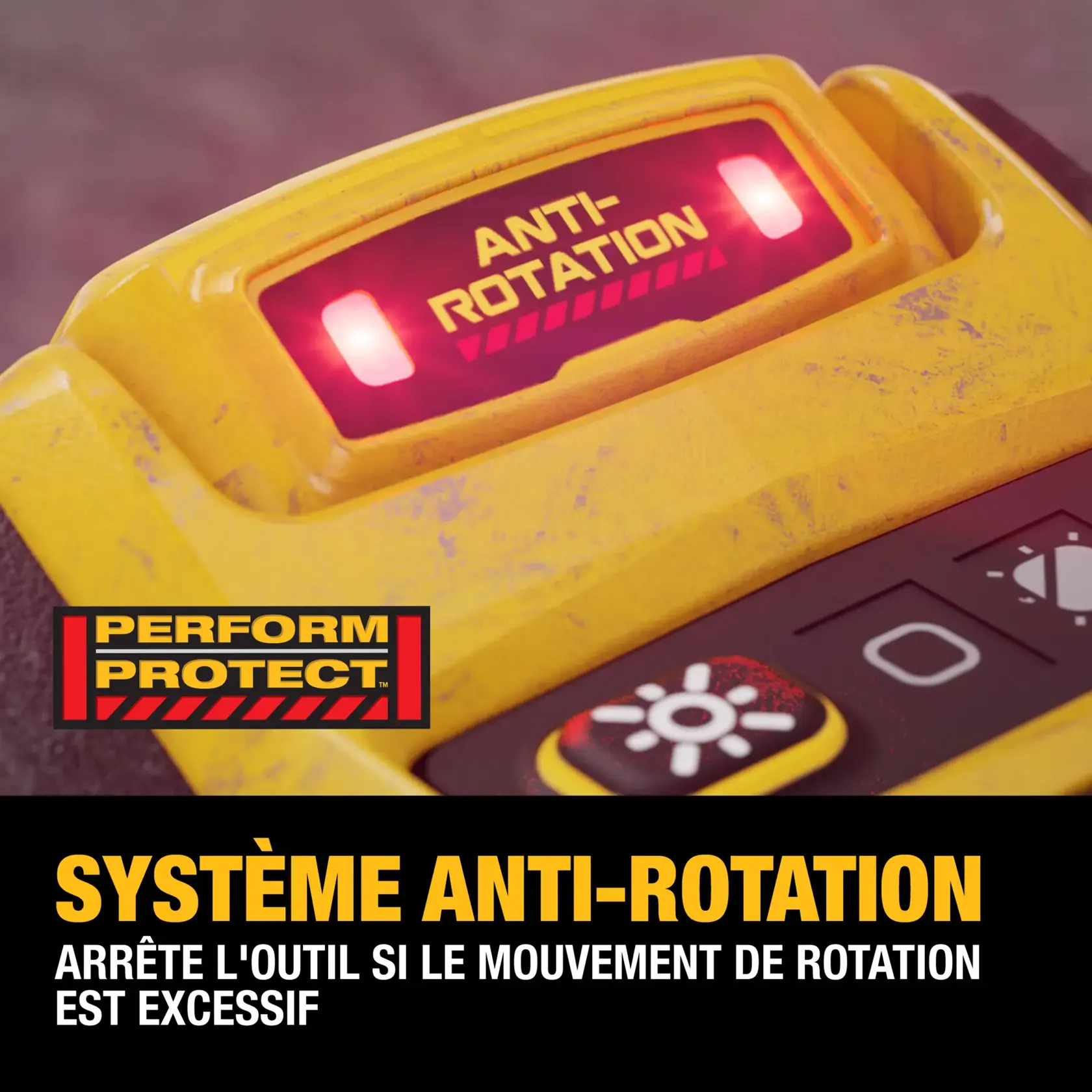 Close-up of a DEWALT power tool showing a lit 'ANTI-ROTATION' indicator. The text describes an anti-rotation system that shuts the tool down if rotational motion is excessive. The image also features a Perform Protect logo.