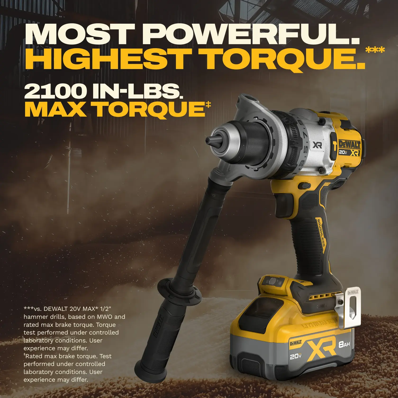 A person wearing black gloves operates a DEWALT 20V MAX XR hammer drill with a yellow attachment, drilling into a wooden surface. Text on the image highlights this as the brand's most powerful 20V MAX hammer drill.