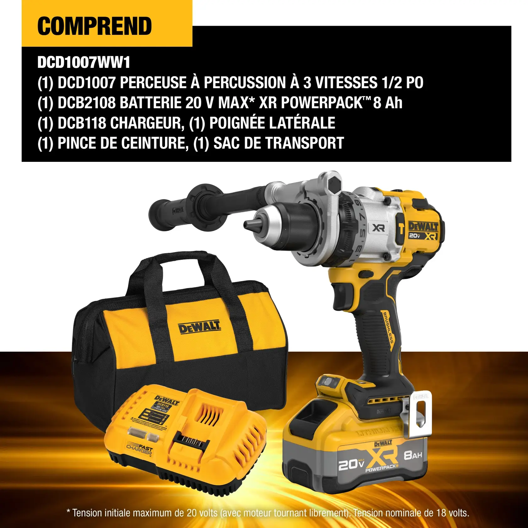 Graphic showing a DEWALT 20V Max XR brushless drill with labeled features, including 3-speed transmission, strong bit grip, variable speed trigger, brushless motor producing 1,530 MWO, 3-position DEWALT LED light, and anti-rotation handle.
