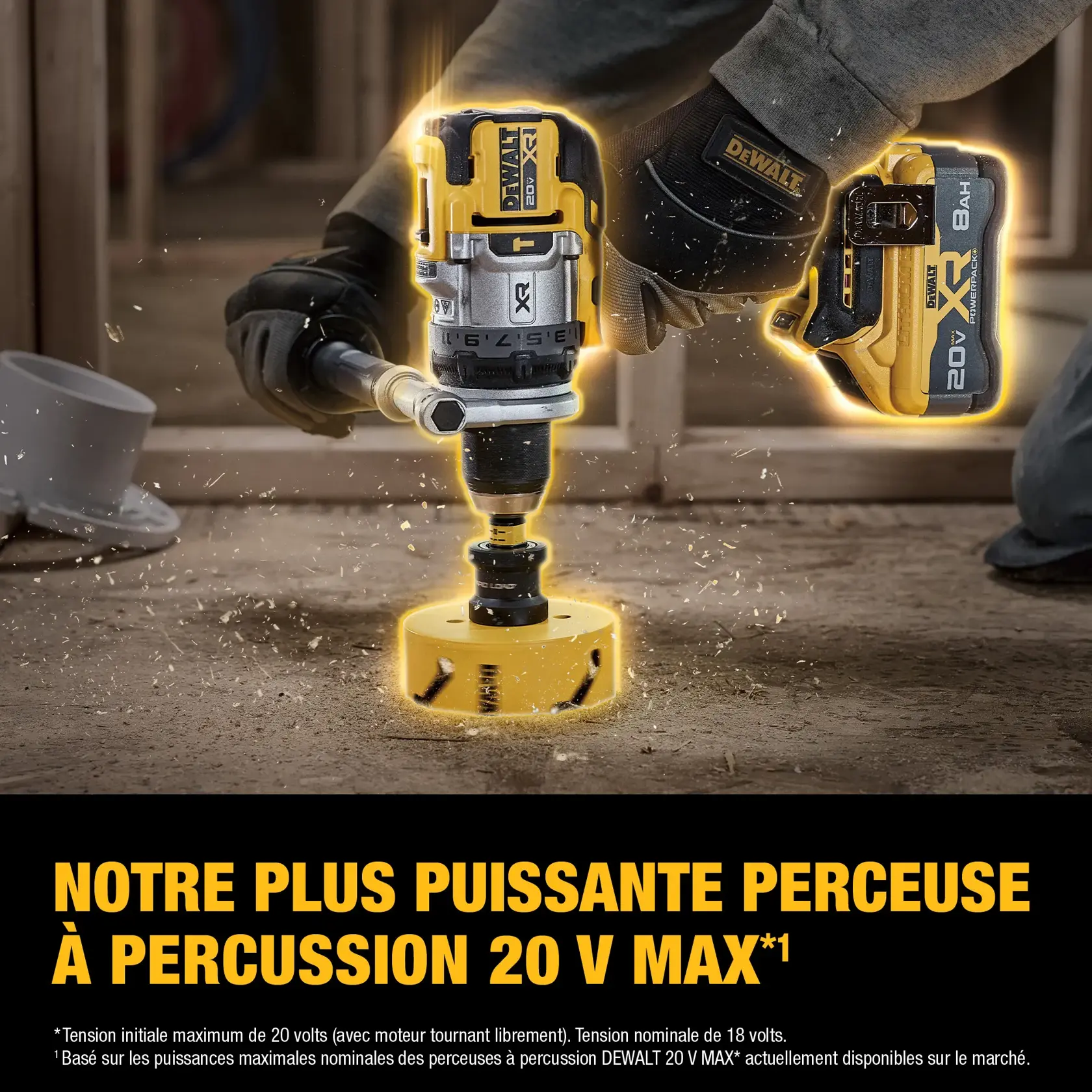A person wearing black gloves operates a DEWALT 20V MAX XR hammer drill with a yellow attachment, drilling into a wooden surface. Text on the image highlights this as the brand's most powerful 20V MAX hammer drill.