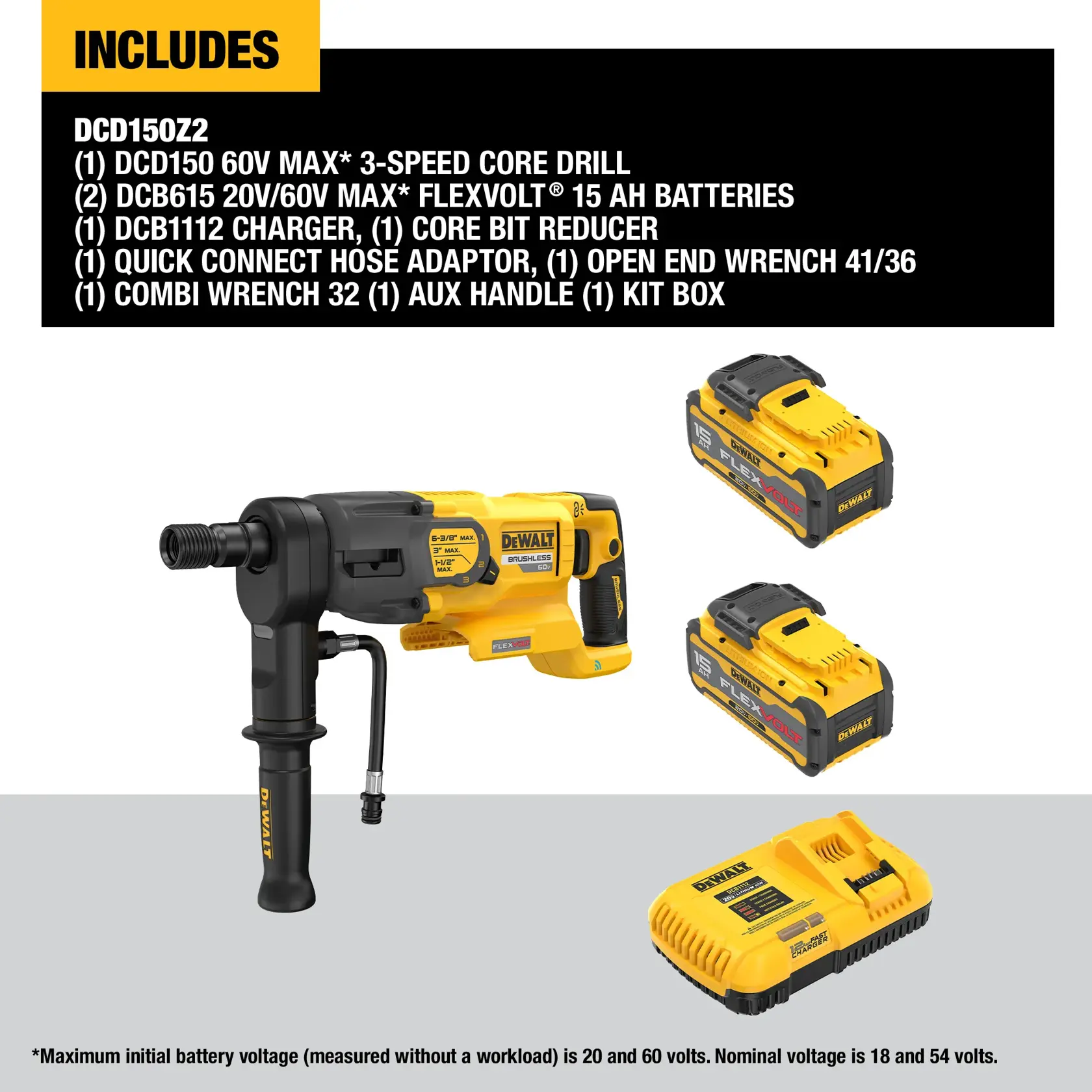 Product image showing the DEWALT DCD150Z2 kit, which includes a 60V MAX 3-speed core drill, two 20V/60V MAX FLEXVOLT 15Ah batteries, a charger, core bit reducer, quick connect hose adaptor, open end wrench, combi wrench, auxiliary handle, and kit box. All items are displayed with yellow and black designs and product labeling.