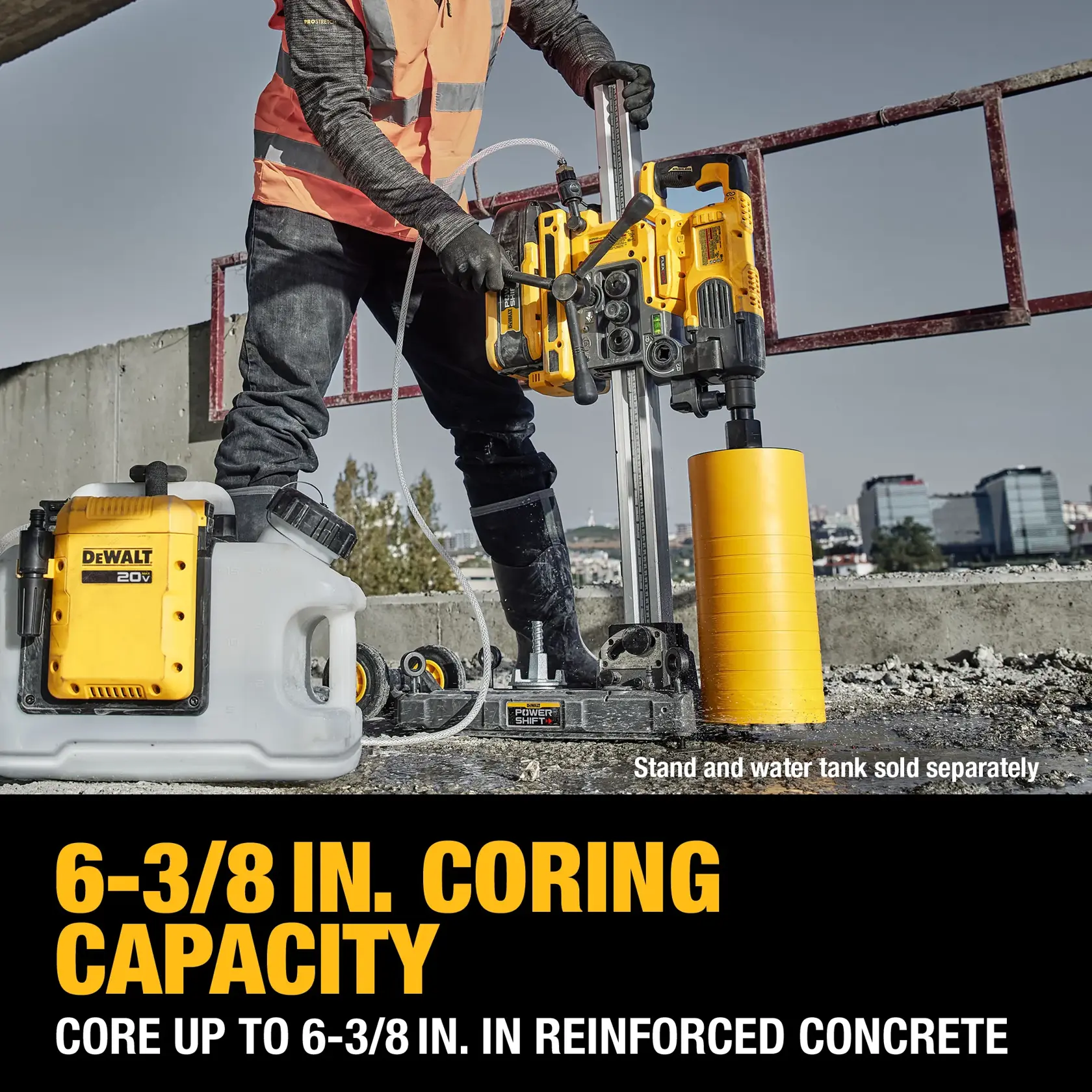 A person using a DEWALT 20V coring tool with a stand and water tank to drill into reinforced concrete on a construction site. The tool has a 6-3/8 inch coring capacity. Large yellow text highlights the coring capacity and application for reinforced concrete.