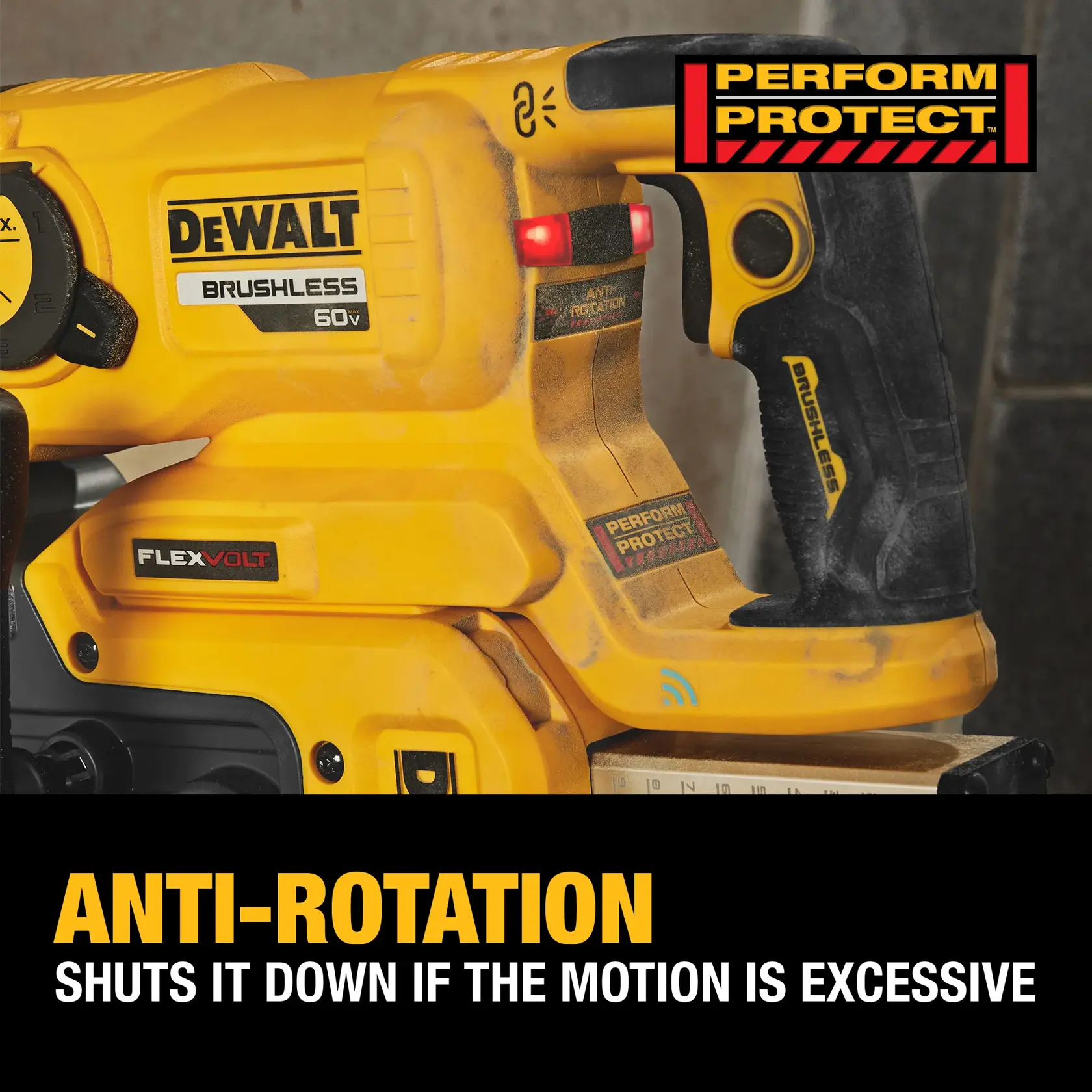 Close-up of a DEWALT brushless 60V power tool with FLEXVOLT technology. The handle displays Perform Protect and Anti-Rotation labels, and a red indicator light is visible. Text at the bottom states: 'ANTI-ROTATION shuts it down if the motion is excessive.'