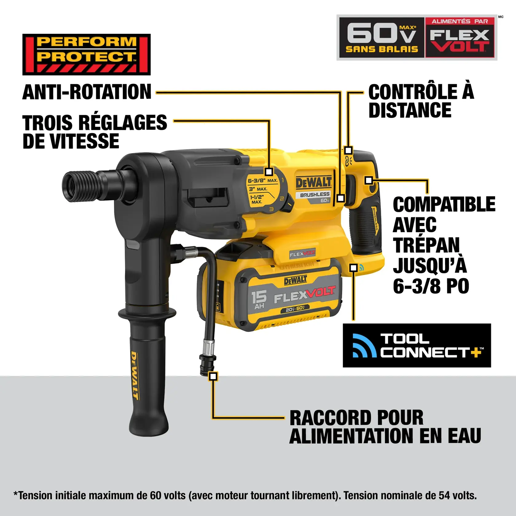 Image of a DEWALT 60V FLEXVOLT brushless electric tool, model DCD150Z2, with labeled features including anti-rotation, 3-speed gear selector, wireless tool control, coring capacity of 6-3/8 inches, Tool Connect+ compatibility, and a water connection point. The battery shown is a 15Ah FLEXVOLT. The image highlights the maximum initial battery voltage as 60 volts and nominal voltage as 54 volts.