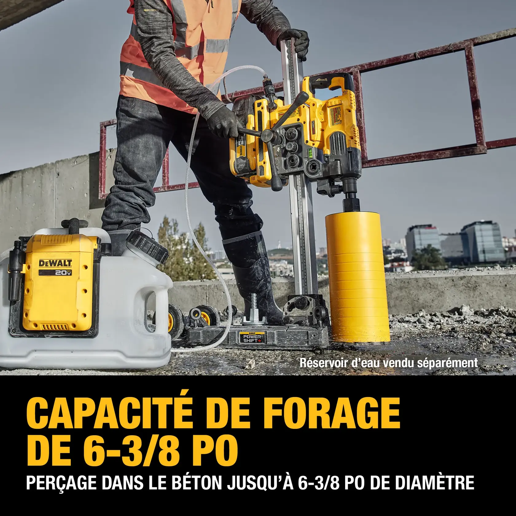 A person using a DEWALT 20V coring tool with a stand and water tank to drill into reinforced concrete on a construction site. The tool has a 6-3/8 inch coring capacity. Large yellow text highlights the coring capacity and application for reinforced concrete.