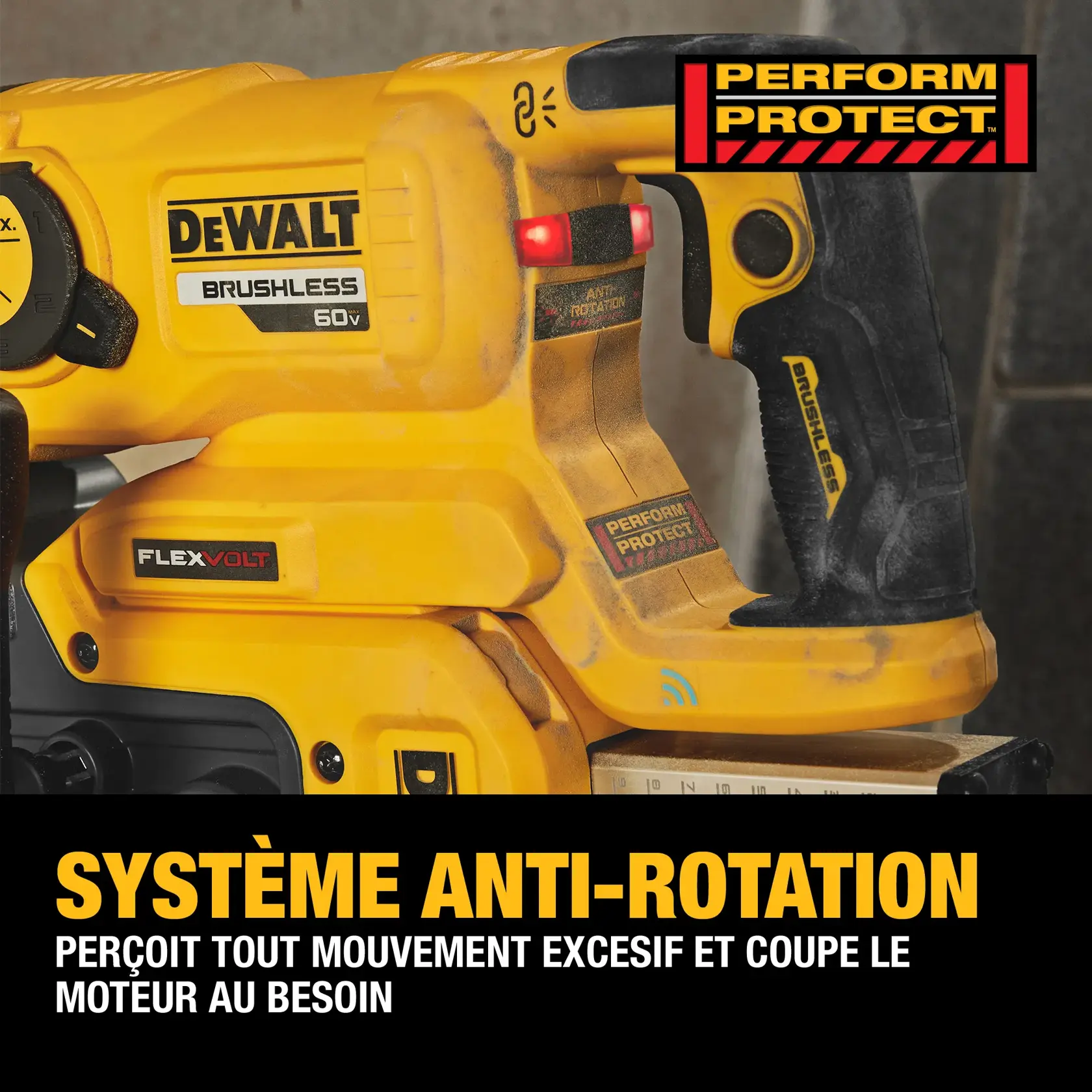 Close-up of a DEWALT brushless 60V power tool with FLEXVOLT technology. The handle displays Perform Protect and Anti-Rotation labels, and a red indicator light is visible. Text at the bottom states: 'ANTI-ROTATION shuts it down if the motion is excessive.'