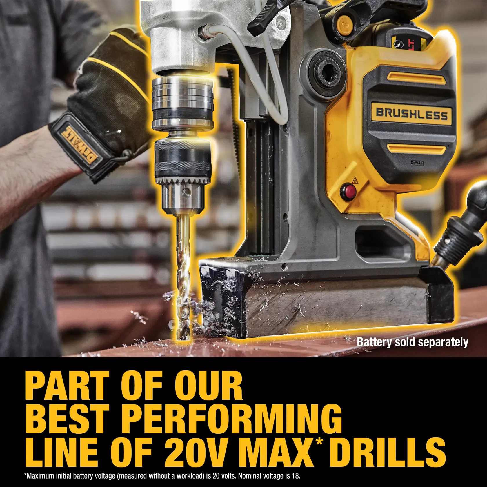A DEWALT brushless drill in use, drilling into metal. The drill is highlighted with a yellow outline and is part of the 20V MAX line. Text at the bottom states: 'Part of our best performing line of 20V MAX drills.' The image also notes that the battery is sold separately.
