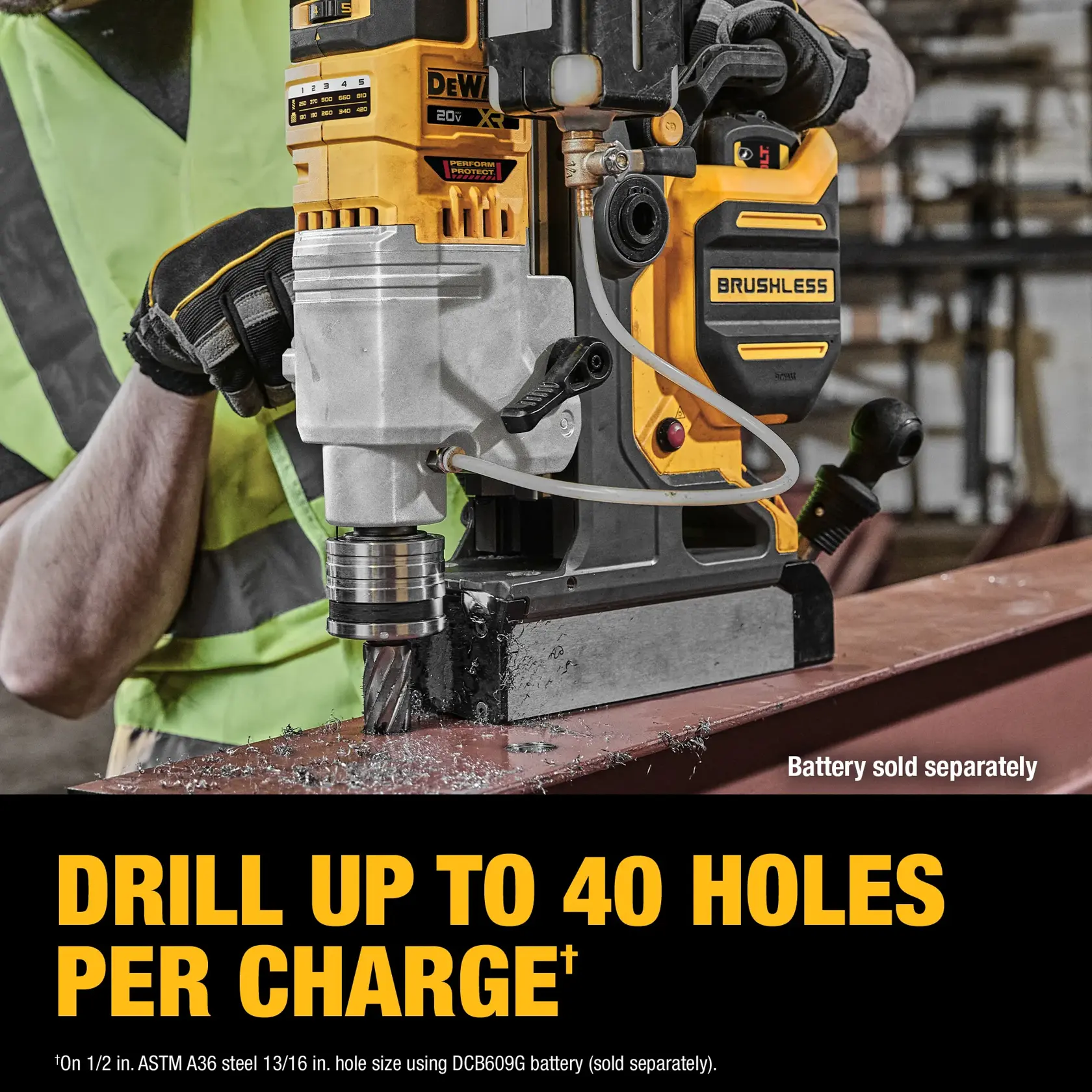 A person operating a DEWALT 20V XR brushless drill in an industrial setting, drilling into a steel beam. Text indicates the drill can create up to 40 holes per charge. Battery is sold separately.