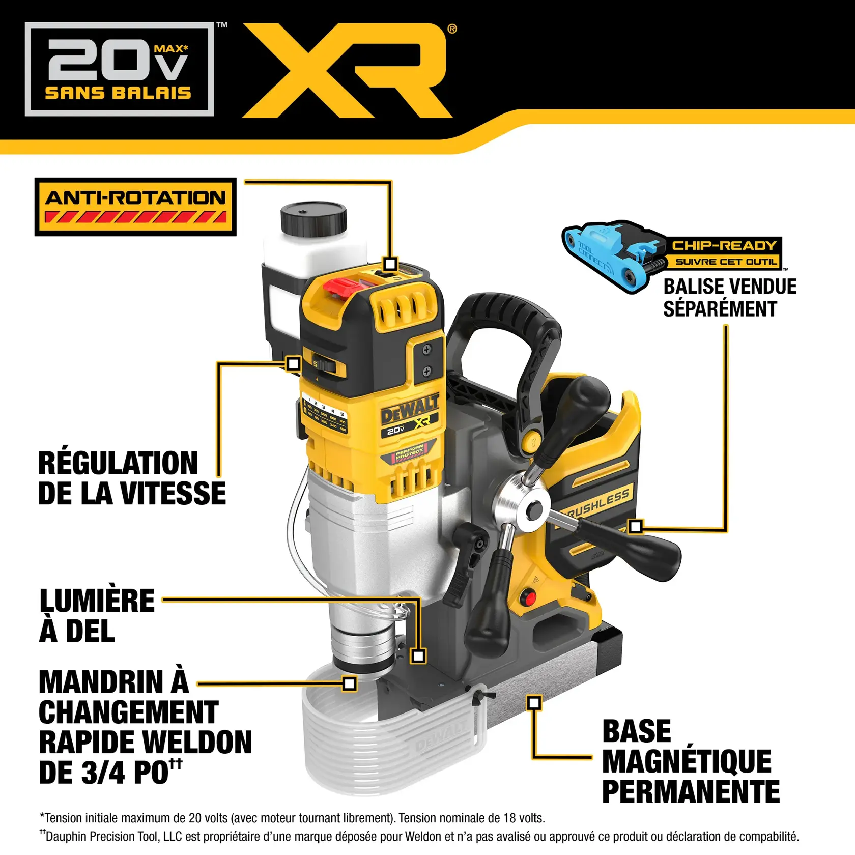 Product image of the DEWALT 20V Max XR Brushless Magnetic Drill Press (SKU: DCD1624B), featuring labeled highlights: anti-rotation mechanism, speed regulation, LED light, 3/4 inch Weldon-style shank, permanent magnetic base, and chip-ready capability for tool tracking (chip sold separately).