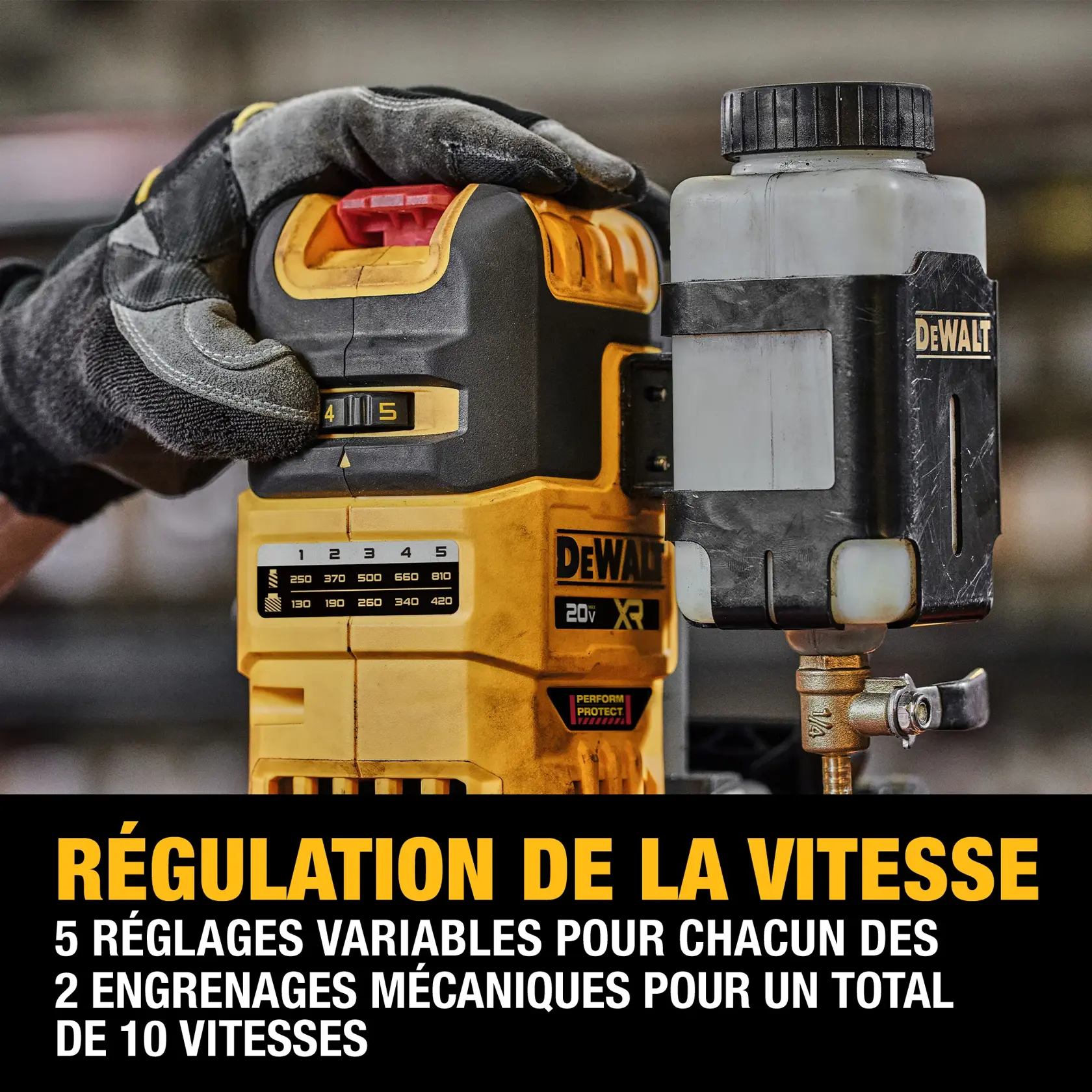 A close-up image of a DEWALT 20V XR tool being adjusted by a gloved hand. The tool features a variable speed regulation system, with 5 settings and 2 mechanical gears, offering a total of 10 speeds. A DEWALT-branded fluid container is attached to the tool. The text at the bottom emphasizes speed regulation capabilities.