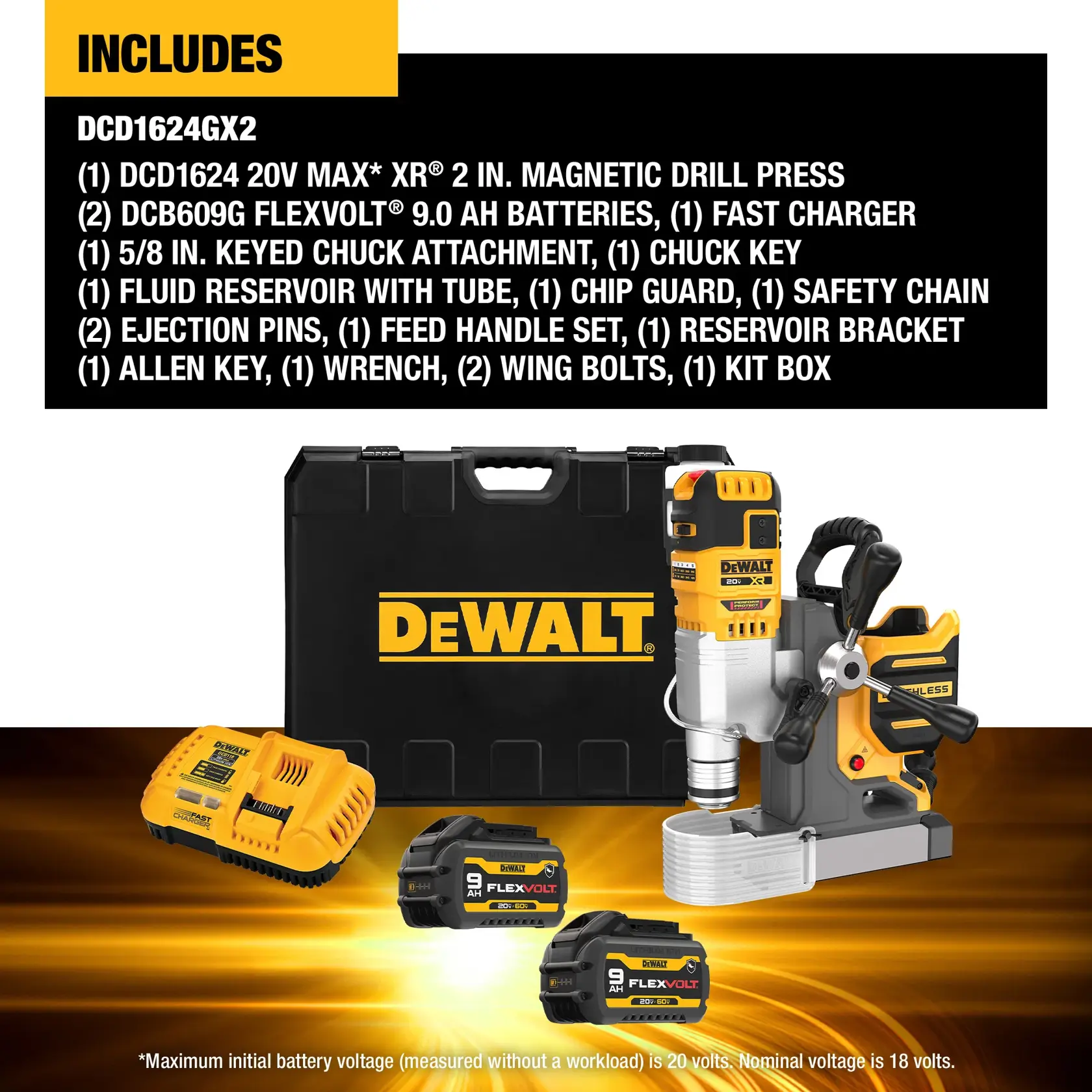 DEWALT DCD1624GX2 kit contents shown with the magnetic drill press, two FLEXVOLT 9.0 Ah batteries, fast charger, keyed chuck attachment, chuck key, fluid reservoir with tube, chip guard, safety chain, ejection pins, feed handle set, reservoir bracket, Allen key, wrench, wing bolts, and kit box. The items are pictured in front of a DEWALT branded carrying case.