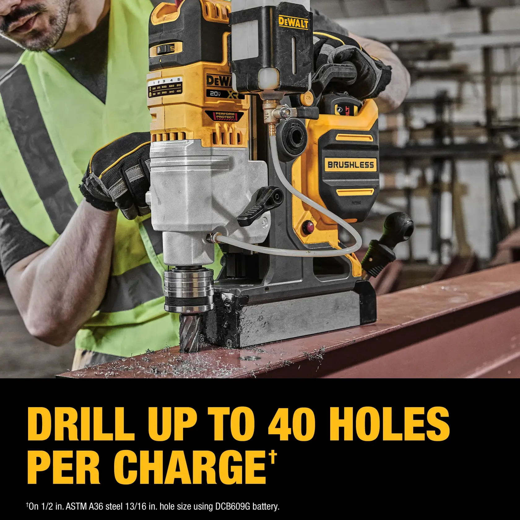 A worker uses a DEWALT brushless magnetic drill on a steel beam in an industrial setting. Text on the image reads: 'DRILL UP TO 40 HOLES PER CHARGE.'