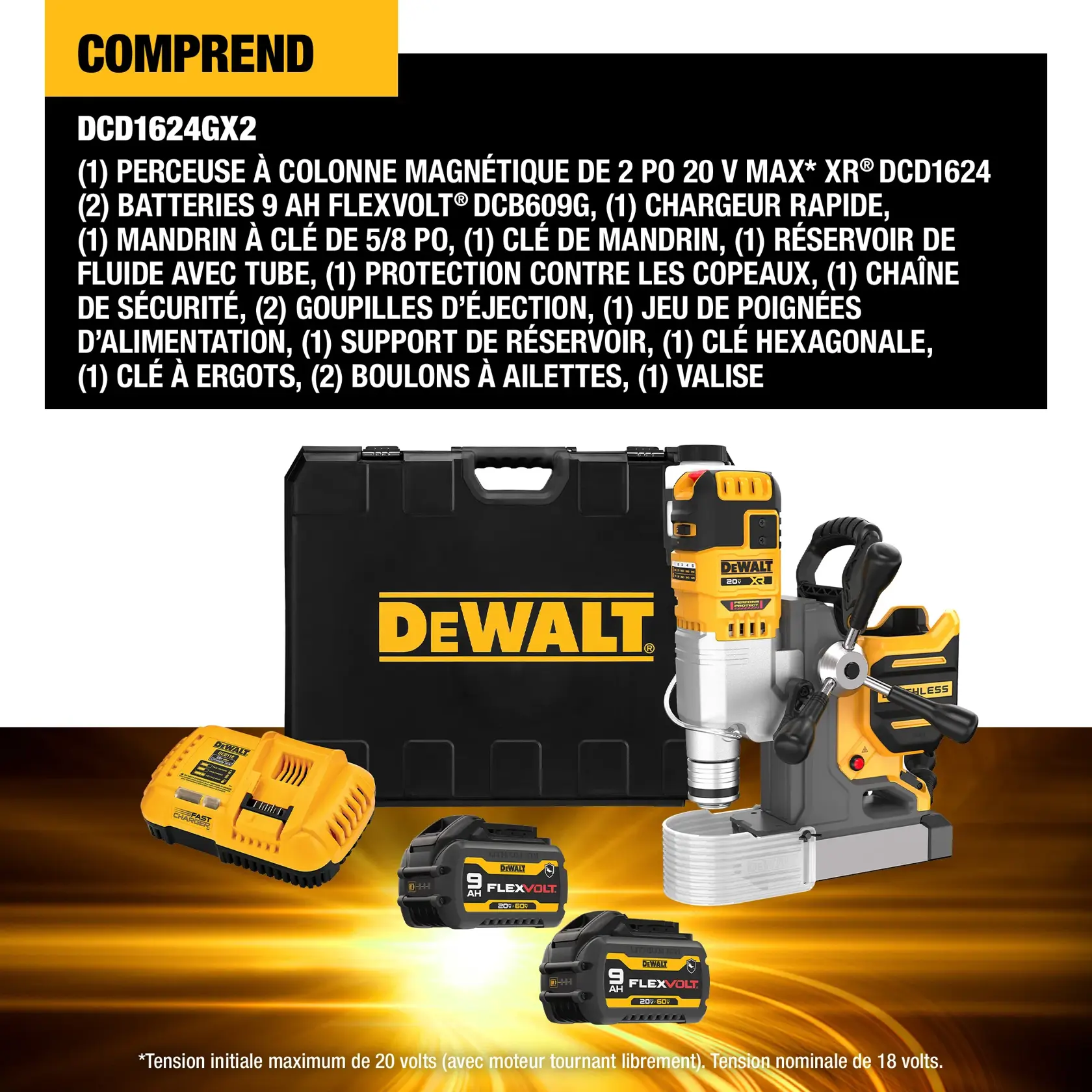 DEWALT DCD1624GX2 kit contents shown with the magnetic drill press, two FLEXVOLT 9.0 Ah batteries, fast charger, keyed chuck attachment, chuck key, fluid reservoir with tube, chip guard, safety chain, ejection pins, feed handle set, reservoir bracket, Allen key, wrench, wing bolts, and kit box. The items are pictured in front of a DEWALT branded carrying case.
