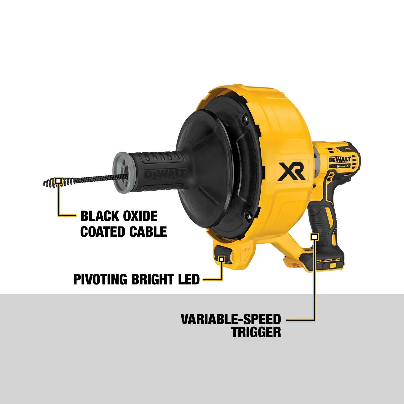 DEWALT DCD200B cordless drain auger with black oxide coated cable, pivoting bright LED, and variable-speed trigger. The product is yellow and black, with labeled features.