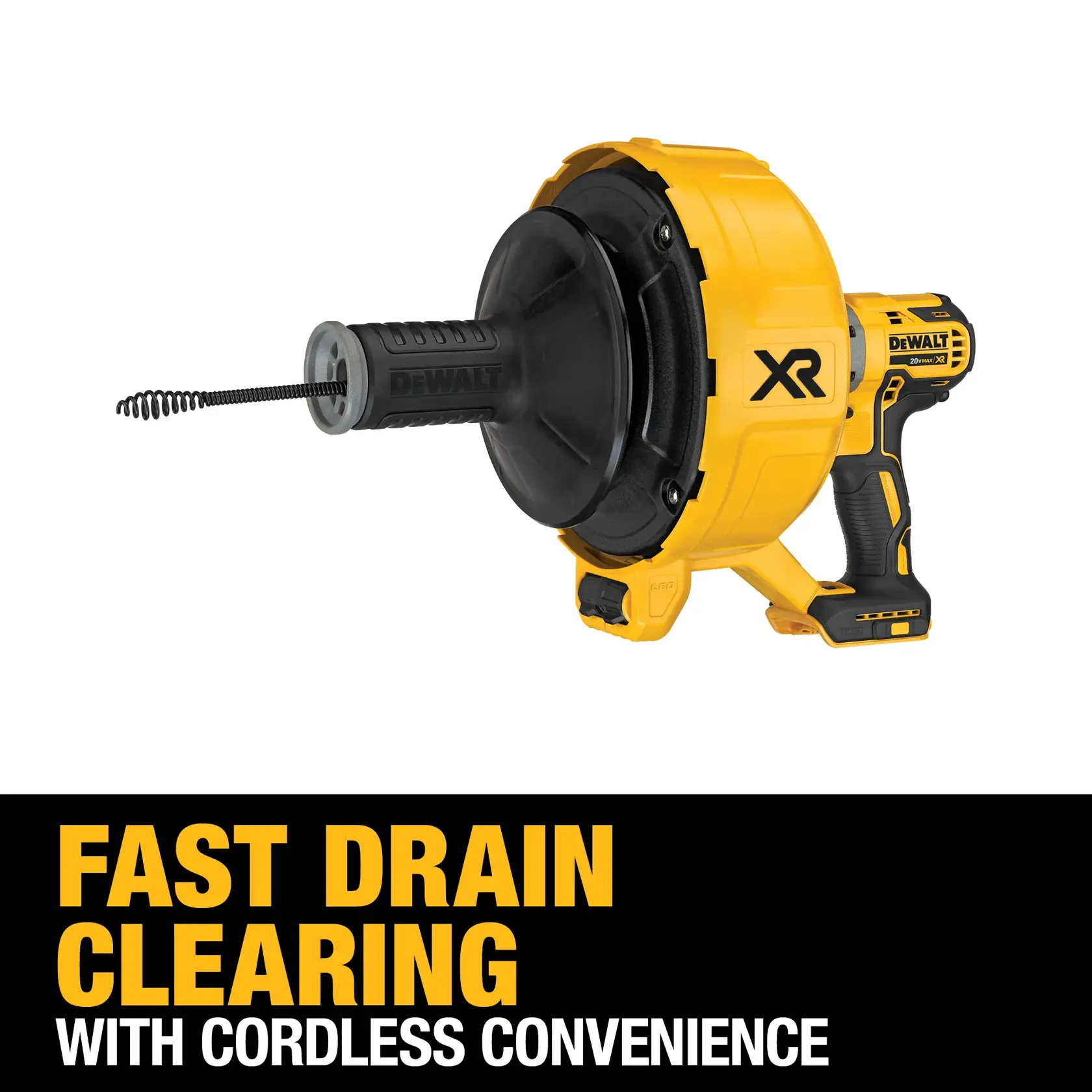 A DEWALT cordless drain cleaning tool, model DCD200B, is shown with a yellow and black body and a flexible cable, alongside text that reads: 'Fast drain clearing with cordless convenience.'
