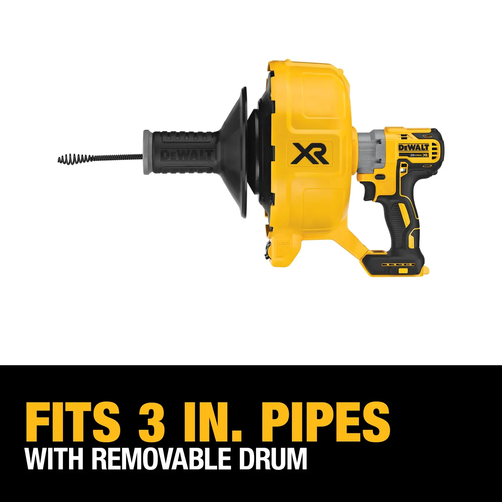 DEWALT DCD200B cordless drain snake tool with a removable drum, designed to fit 3 inch pipes. The image also features bold text stating 'Fits 3 in. pipes with removable drum.'