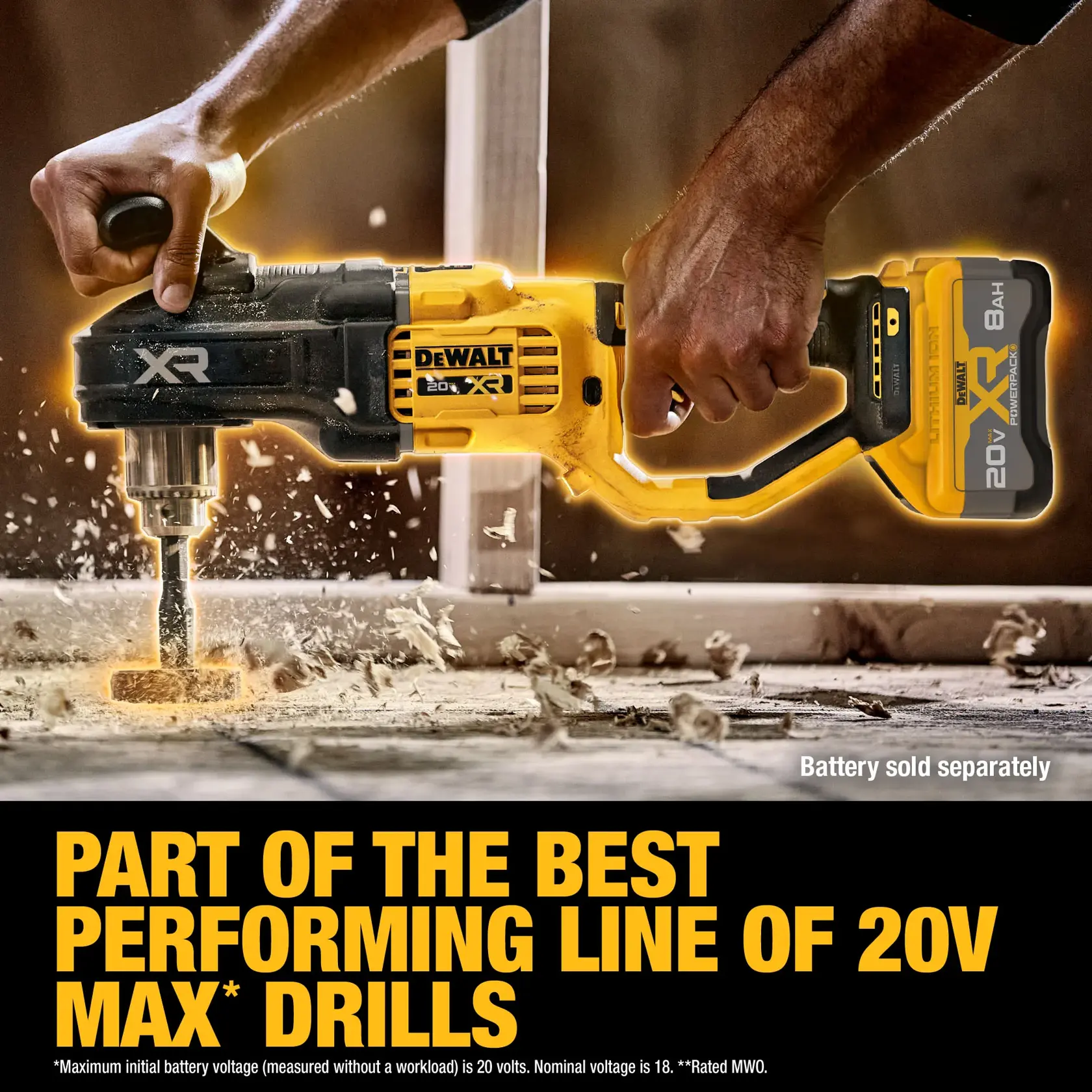 A close-up of hands using a DEWALT 20V XR drill with an attached battery to drill into wood. Wood shavings are flying around, and text on the image promotes the product as part of the best performing line of 20V Max drills. There is a note stating 'Battery sold separately.'