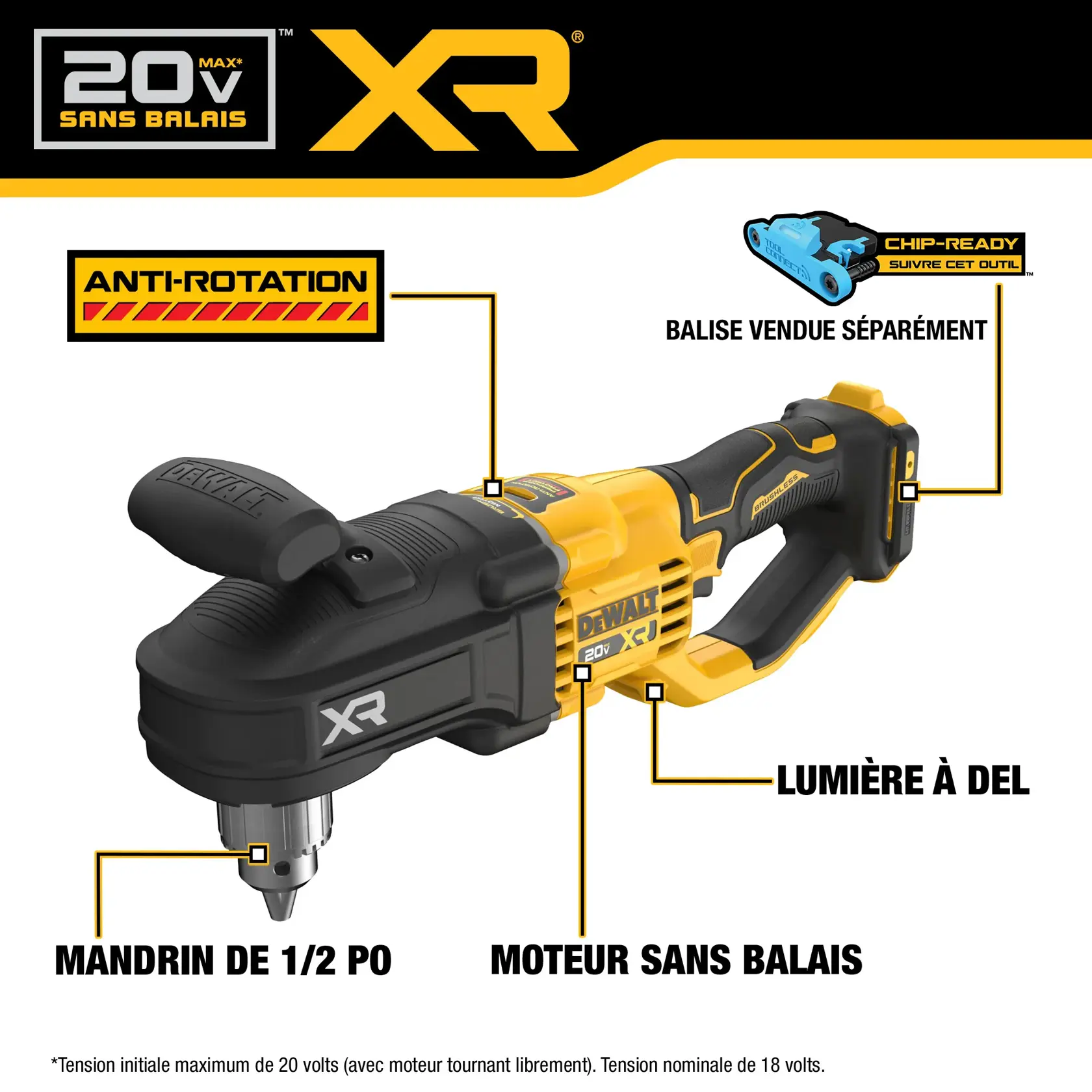 Product image showing a DEWALT 20V MAX XR brushless motor cordless drill with highlighted features including anti-rotation protection (Perform Protect), Tool Connect+ technology, LED light, 1/2 inch chuck, and brushless motor. The drill is black and yellow, with DEWALT branding.