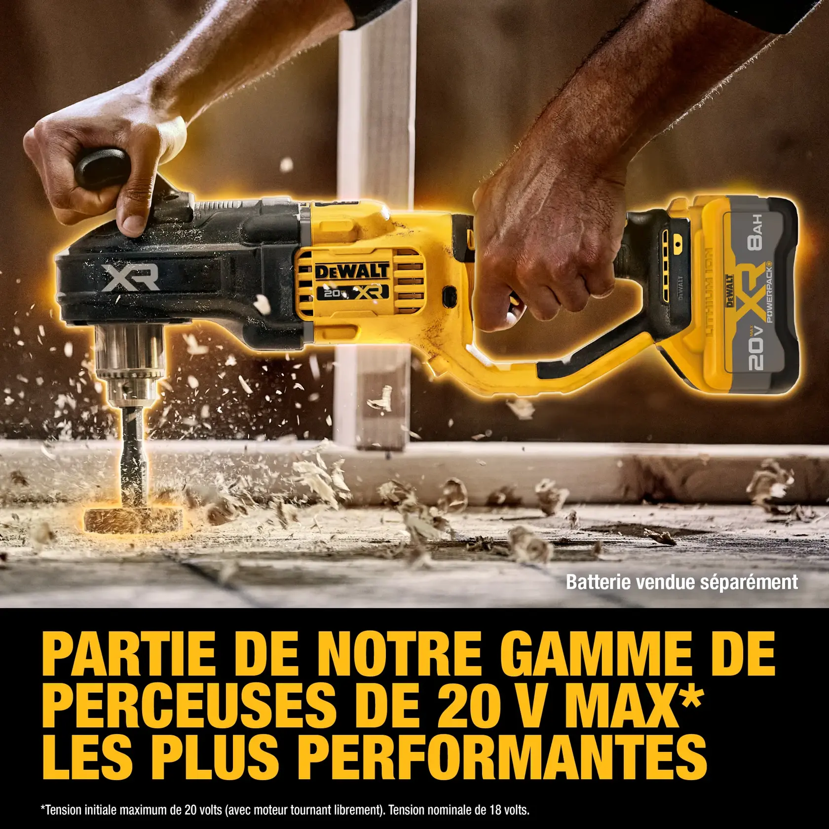 A close-up of hands using a DEWALT 20V XR drill with an attached battery to drill into wood. Wood shavings are flying around, and text on the image promotes the product as part of the best performing line of 20V Max drills. There is a note stating 'Battery sold separately.'