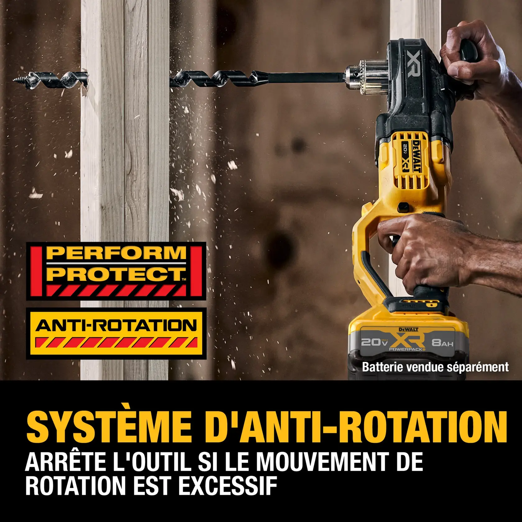A person uses a DEWALT cordless drill with a large auger bit to drill into a wooden beam. The drill features an anti-rotation system that shuts the tool down if rotational motion is excessive, indicated by text and graphic labels on the image. The phrase 'Battery sold separately' is also visible.