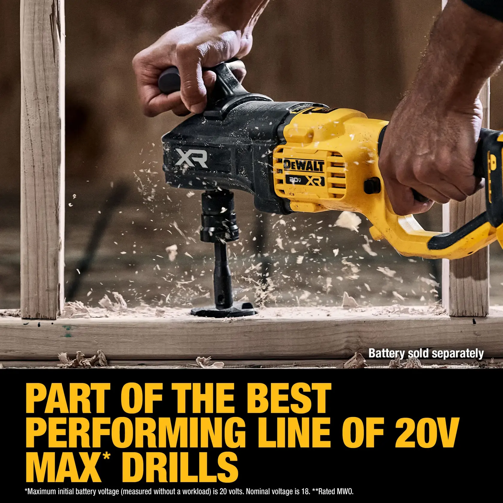 A close-up of a person using a DEWALT 20V XR drill to bore into a wooden beam, with wood shavings flying around. Text on the image highlights, 'Part of the best performing line of 20V Max drills'. Battery is sold separately.