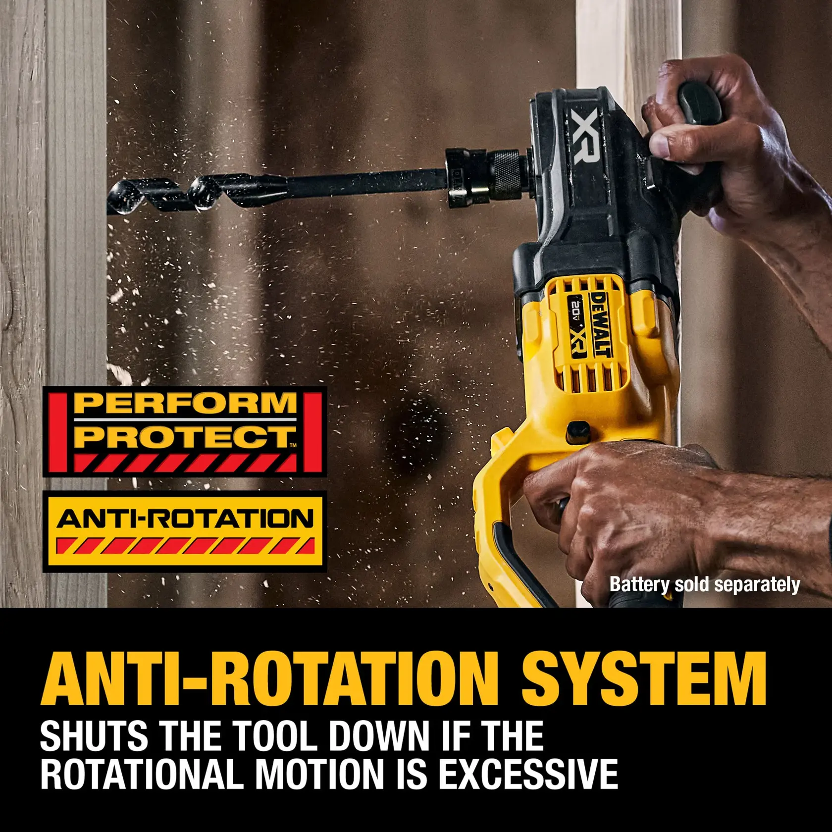 A person uses a DEWALT XR power drill with an auger bit to drill into wood, demonstrating the anti-rotation protection feature. The image shows Perform Protect and Anti-Rotation icons and text, highlighting that the tool shuts down if the rotational motion is excessive. The drill's battery is sold separately.