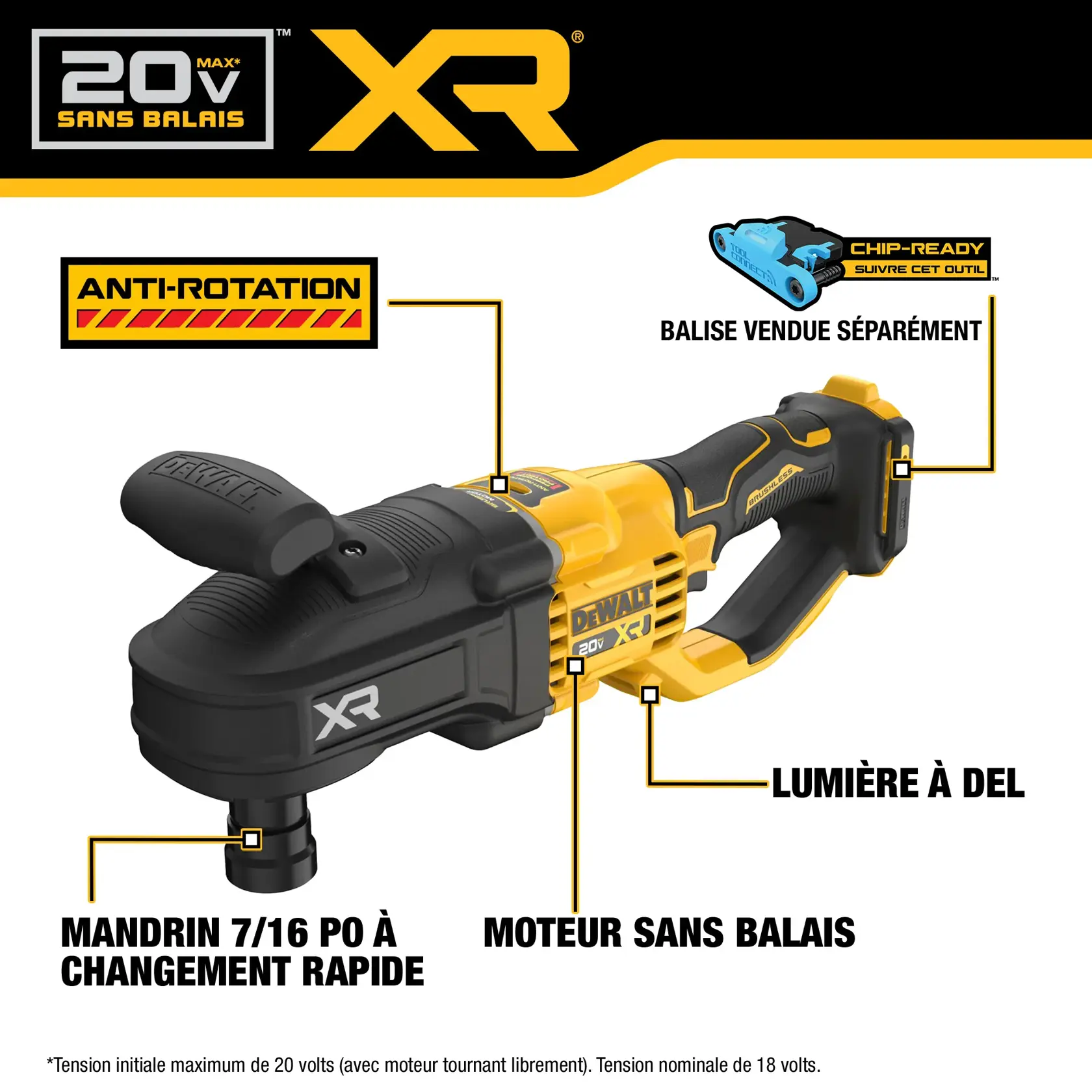 DEWALT 20V MAX XR brushless power tool, featuring a quick change chuck, anti-rotation and Perform Protect safety features, Tool Connect+ compatibility, brushless motor, and an LED light. The tool is black and yellow and includes labeled features.