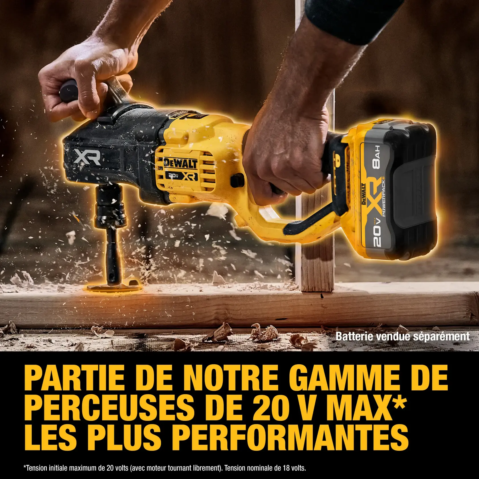 A close-up of a person using a DEWALT 20V XR drill to bore into a wooden beam, with wood shavings flying around. Text on the image highlights, 'Part of the best performing line of 20V Max drills'. Battery is sold separately.
