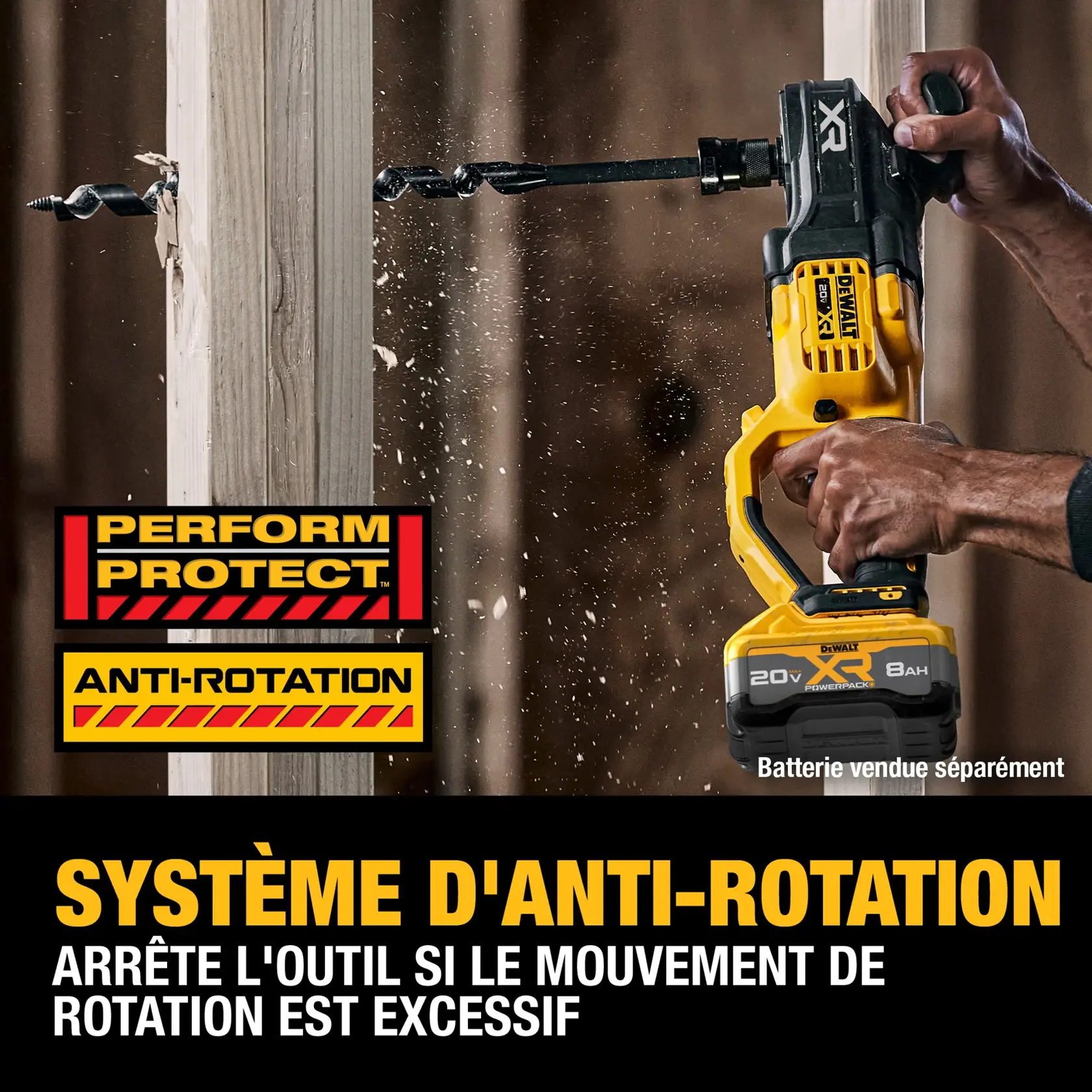 A person uses a DEWALT XR power drill with an auger bit to drill into wood, demonstrating the anti-rotation protection feature. The image shows Perform Protect and Anti-Rotation icons and text, highlighting that the tool shuts down if the rotational motion is excessive. The drill's battery is sold separately.