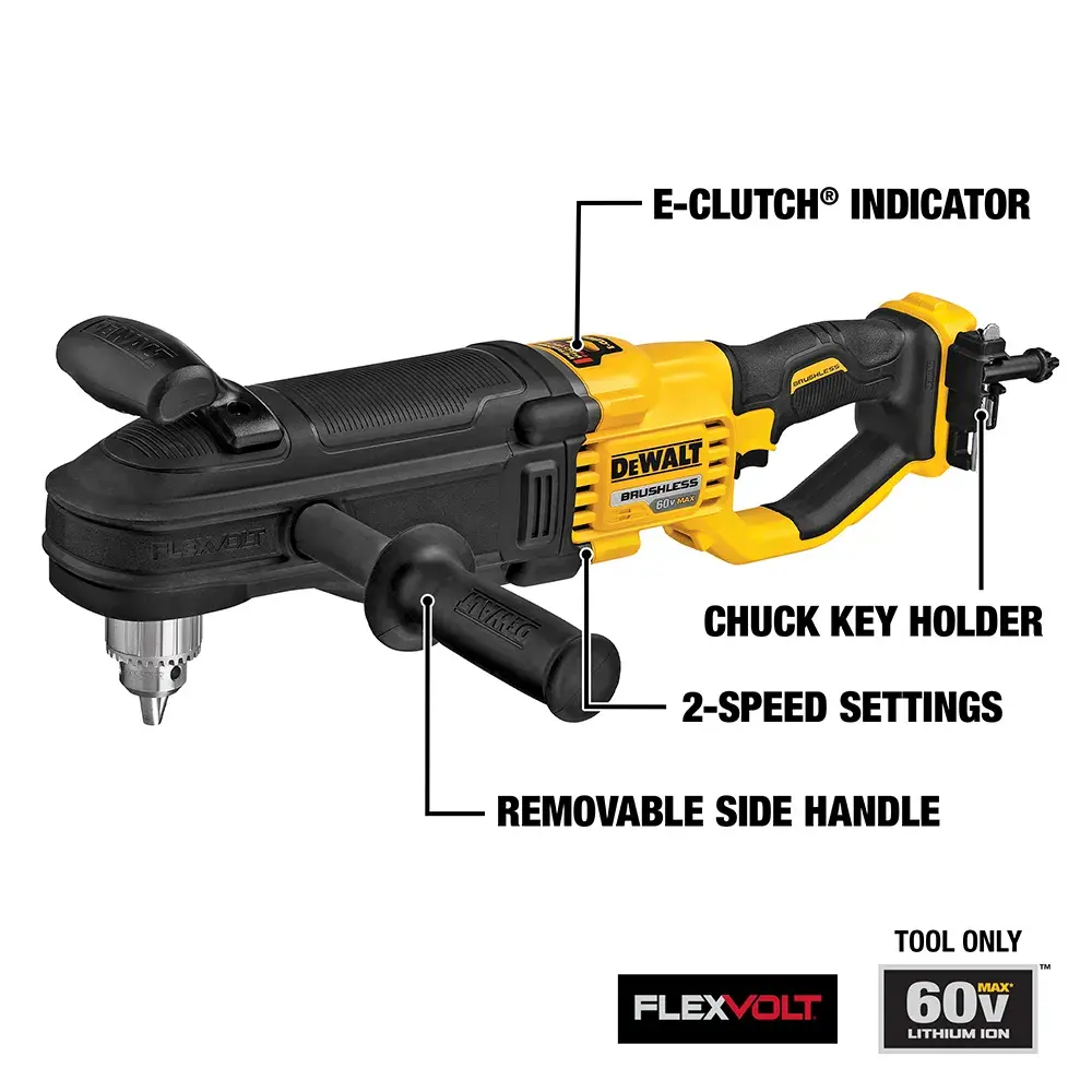 DEWALT DCD470B 60V FlexVolt cordless right angle drill with labeled features: E-Clutch indicator, chuck key holder, 2-speed settings, and removable side handle. Tool only, battery not included.