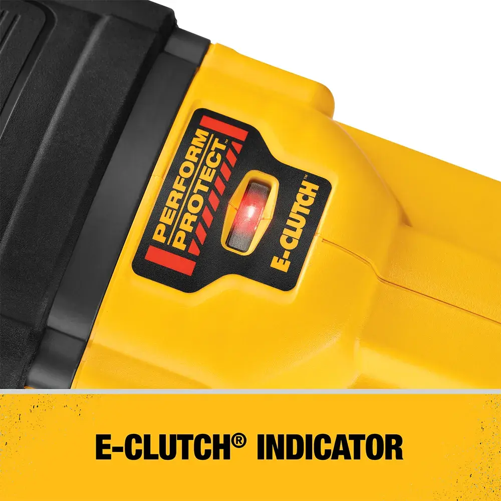Close-up of a yellow DEWALT power tool showing the E-Clutch indicator light and Perform & Protect label, with the text 'E-CLUTCH INDICATOR' below.