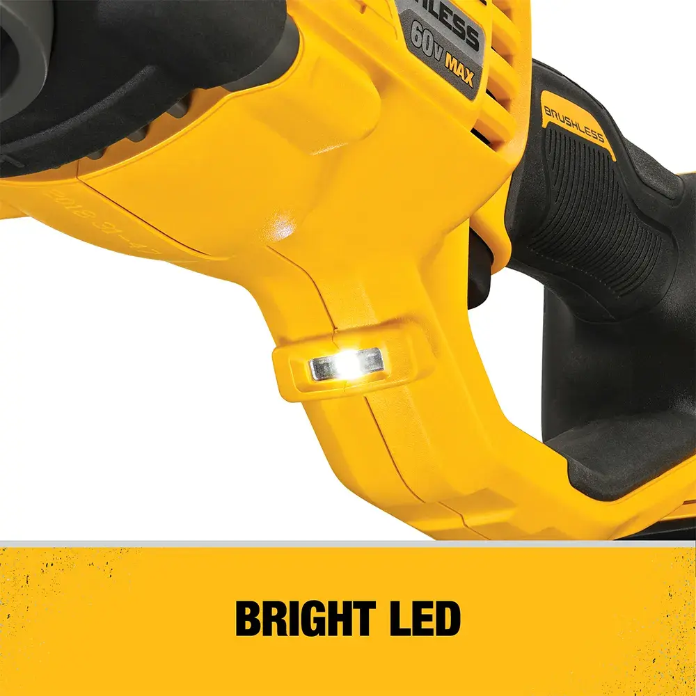 Close-up of a yellow DEWALT power tool handle highlighting the built-in bright LED light, with the text 'BRIGHT LED' displayed below.