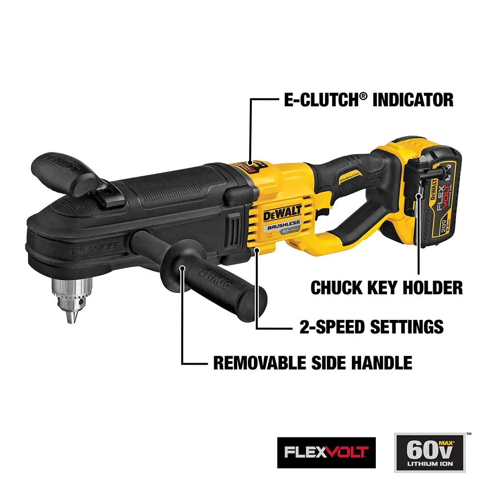 DEWALT cordless right angle drill (model DCD470X1) with labeled features: E-Clutch indicator, chuck key holder, 2-speed settings, and removable side handle. FLEXVOLT 60V lithium-ion battery shown attached.