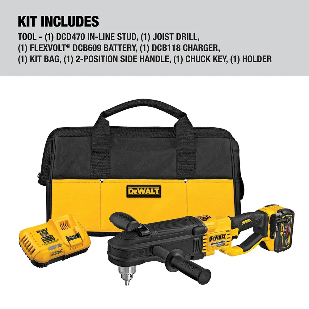 DEWALT DCD470X1 kit including an in-line stud and joist drill, battery, charger, kit bag, side handle, chuck key, and holder. All items are displayed in front of a black and yellow DEWALT branded bag.