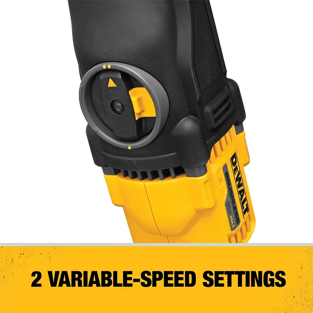 Close-up of the DEWALT cordless drill (model DCD470X1), highlighting the speed control dial and featuring text that says '2 variable-speed settings.'