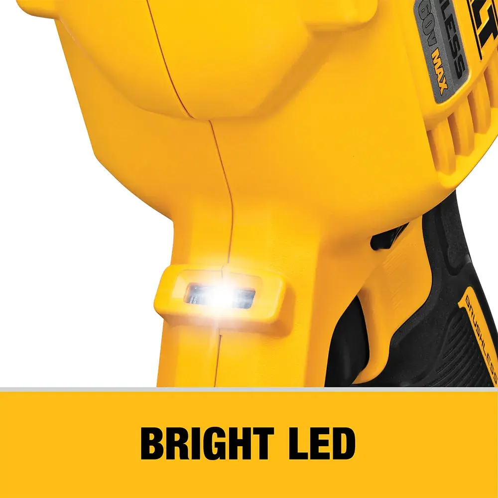 Close-up of a DEWALT power tool, focusing on its bright LED light feature. The tool is yellow and black, and the LED is illuminated. Text below reads 'BRIGHT LED'.