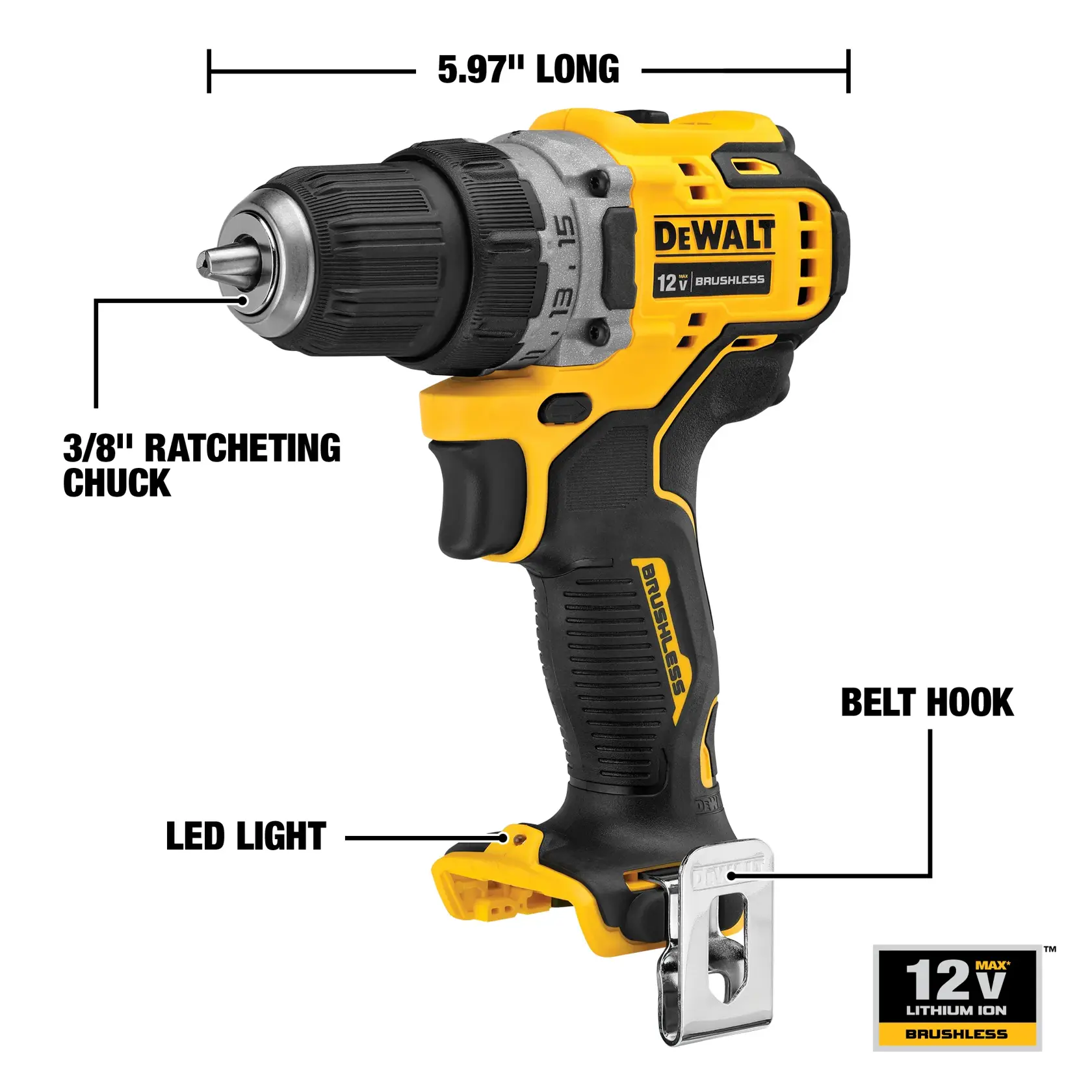 A DEWALT 12V brushless cordless drill with highlighted features including a 3/8-inch ratcheting chuck, LED light, belt hook, and a length of 5.97 inches. The product also displays the 12V lithium ion brushless logo.