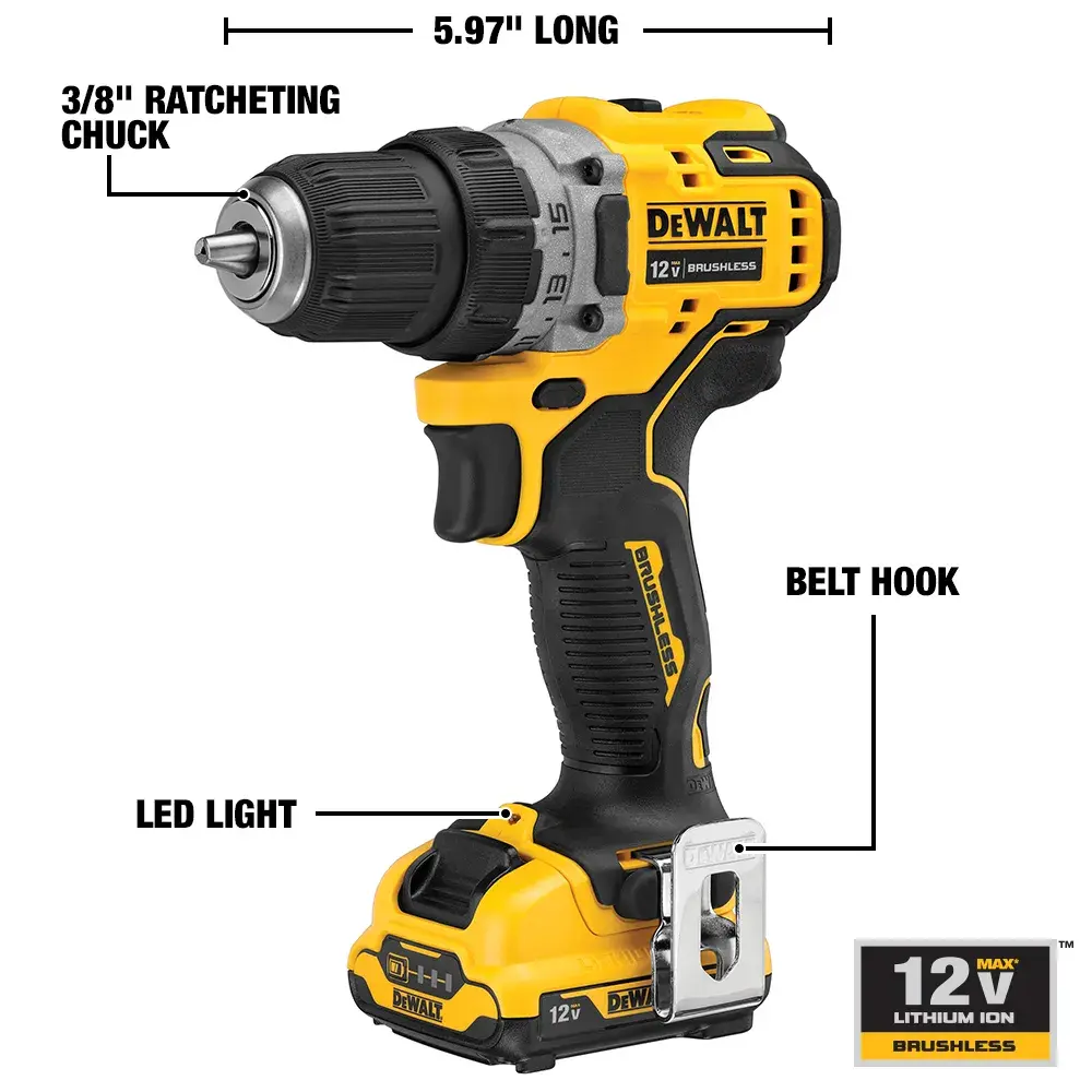 DEWALT 12V Max cordless drill driver with brushless motor, featuring a 3/8-inch ratcheting chuck, LED light near the base, belt hook on the side, and a compact design measuring 5.97 inches long. The tool is black and yellow and uses a lithium-ion battery.