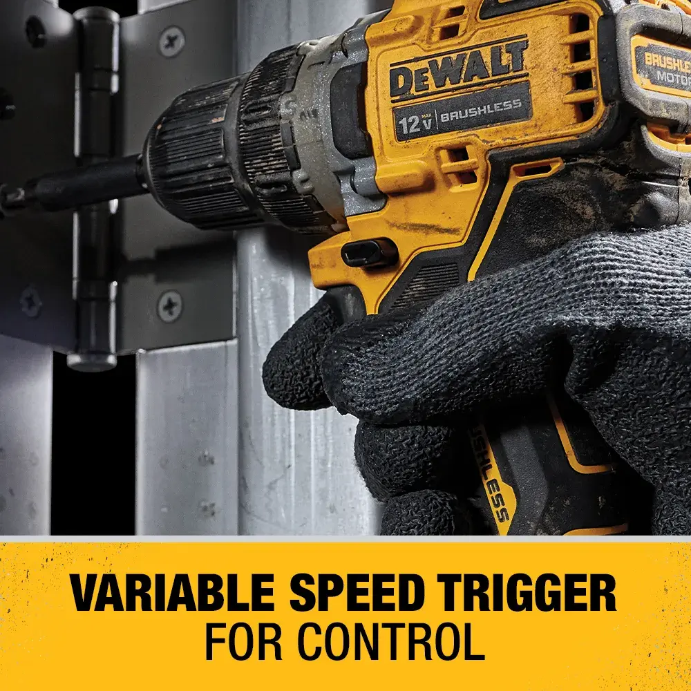 A close-up of a gloved hand using a DEWALT 12V brushless cordless drill. The drill is shown driving a screw into metal. Text on the image reads: 'Variable speed trigger for control.'