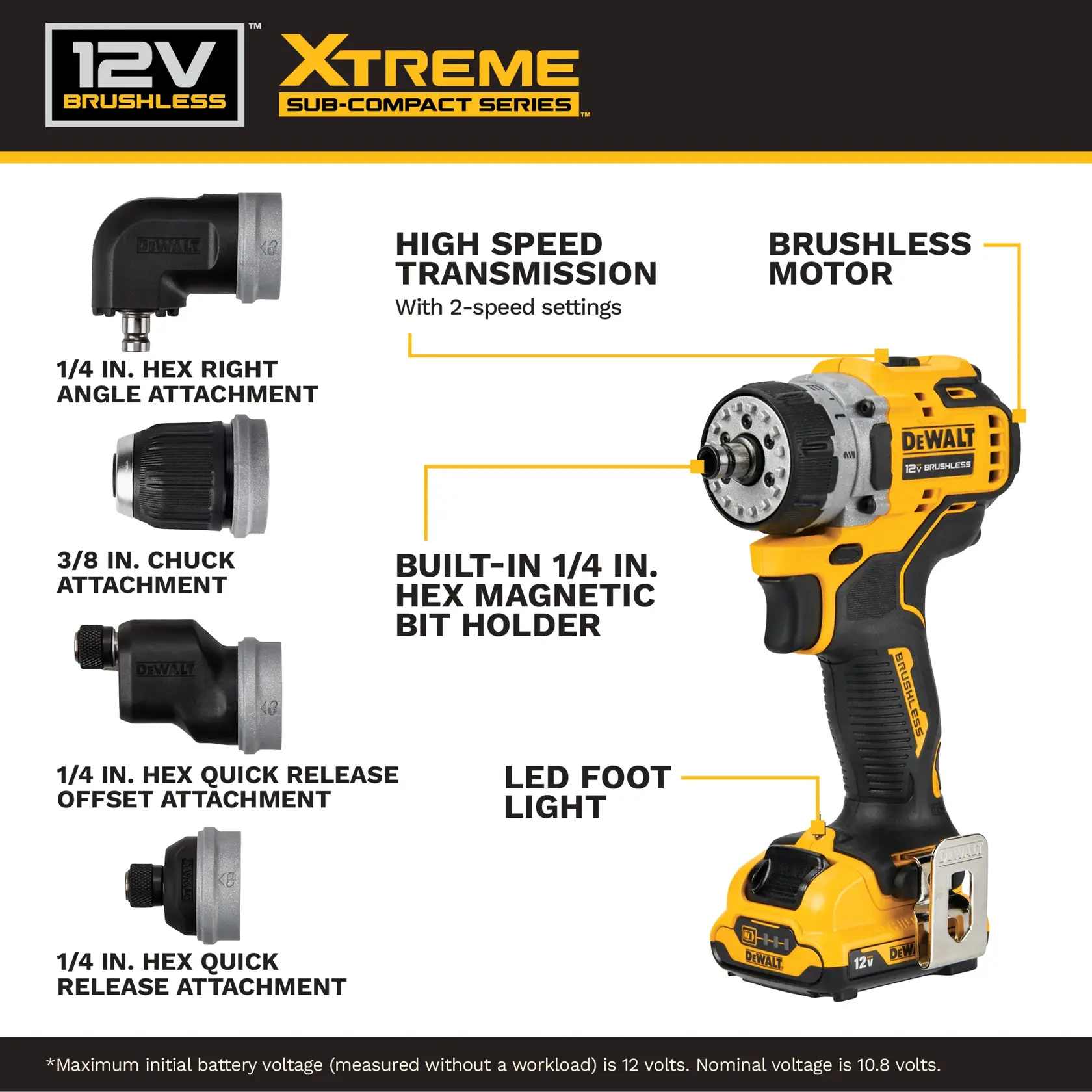 DEWALT 12V XTREME cordless drill with four attachments and labeled feature highlights in graphic.